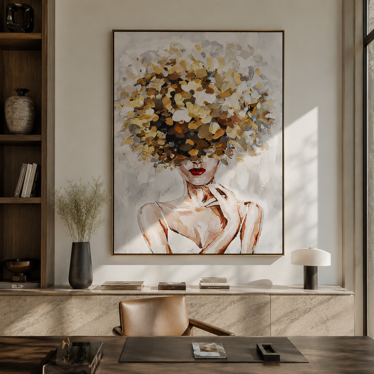 Pale Blossoms Replace Thought styled with neutral modern furnishings