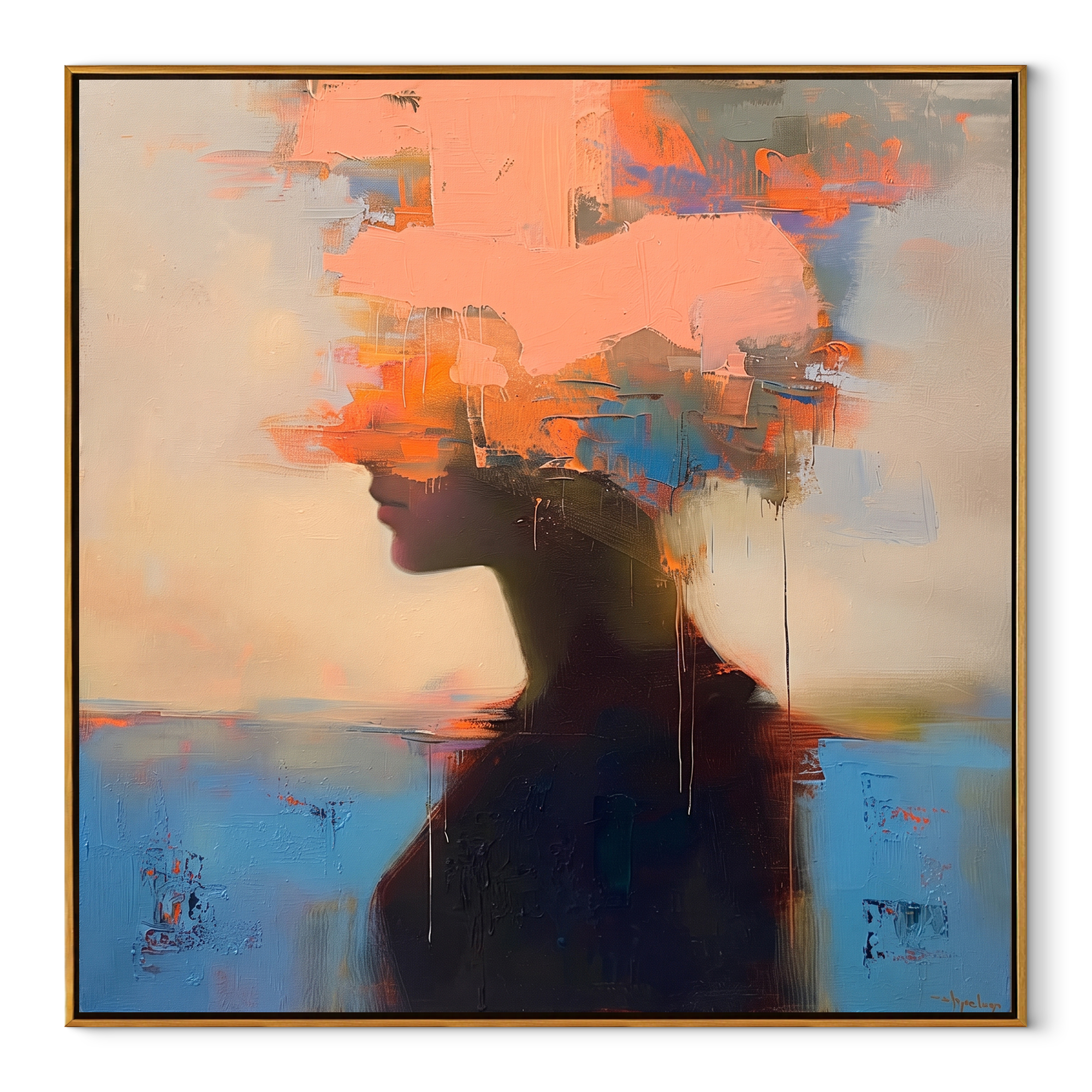 Fire Clouds Crown Silence textured figurative painting, square canvas artwork