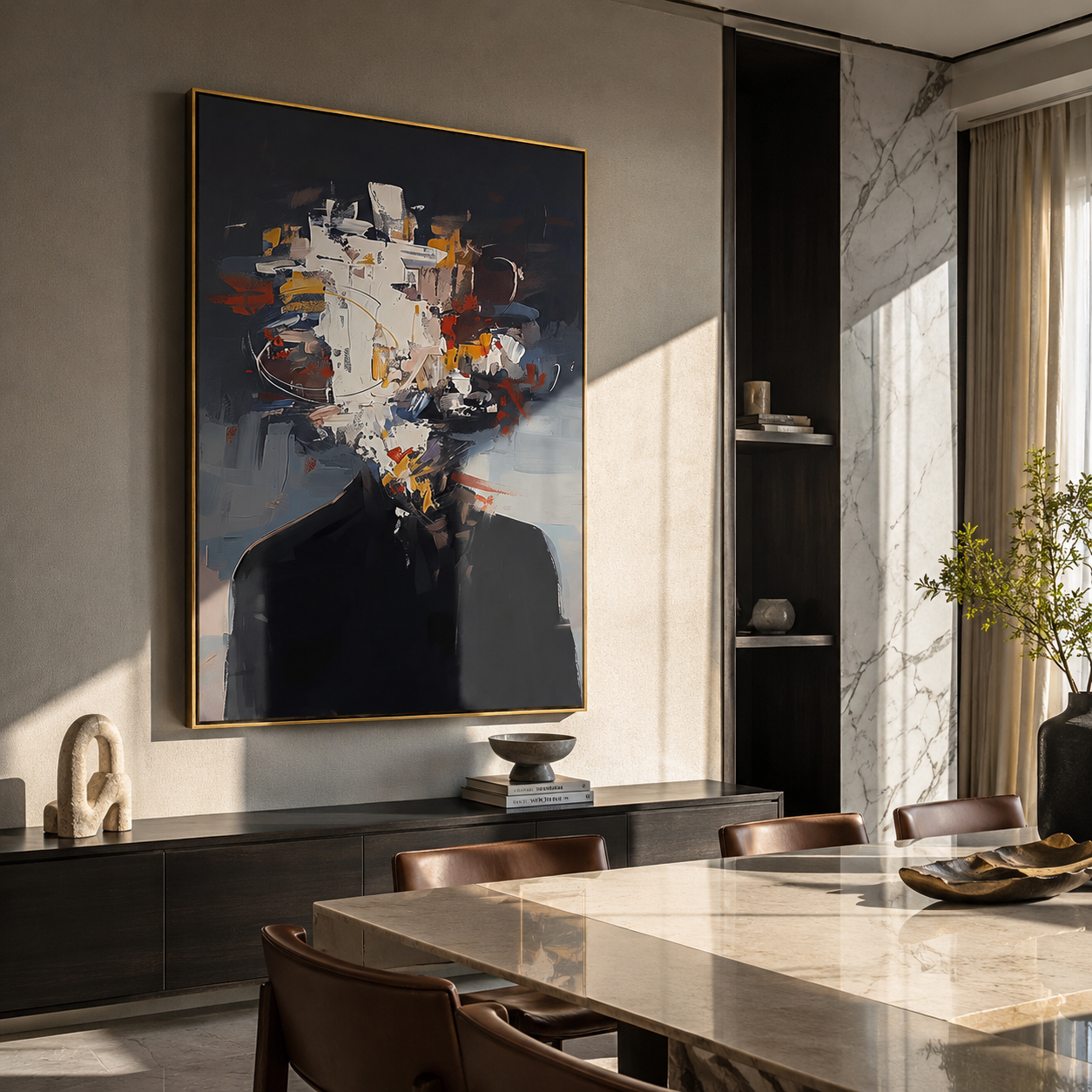 White Paint Shatters Suit displayed in a warm contemporary interior