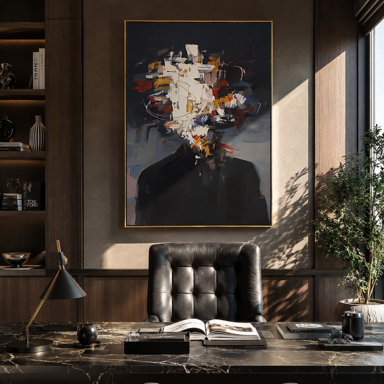 White Paint Shatters Suit presented above a contemporary console