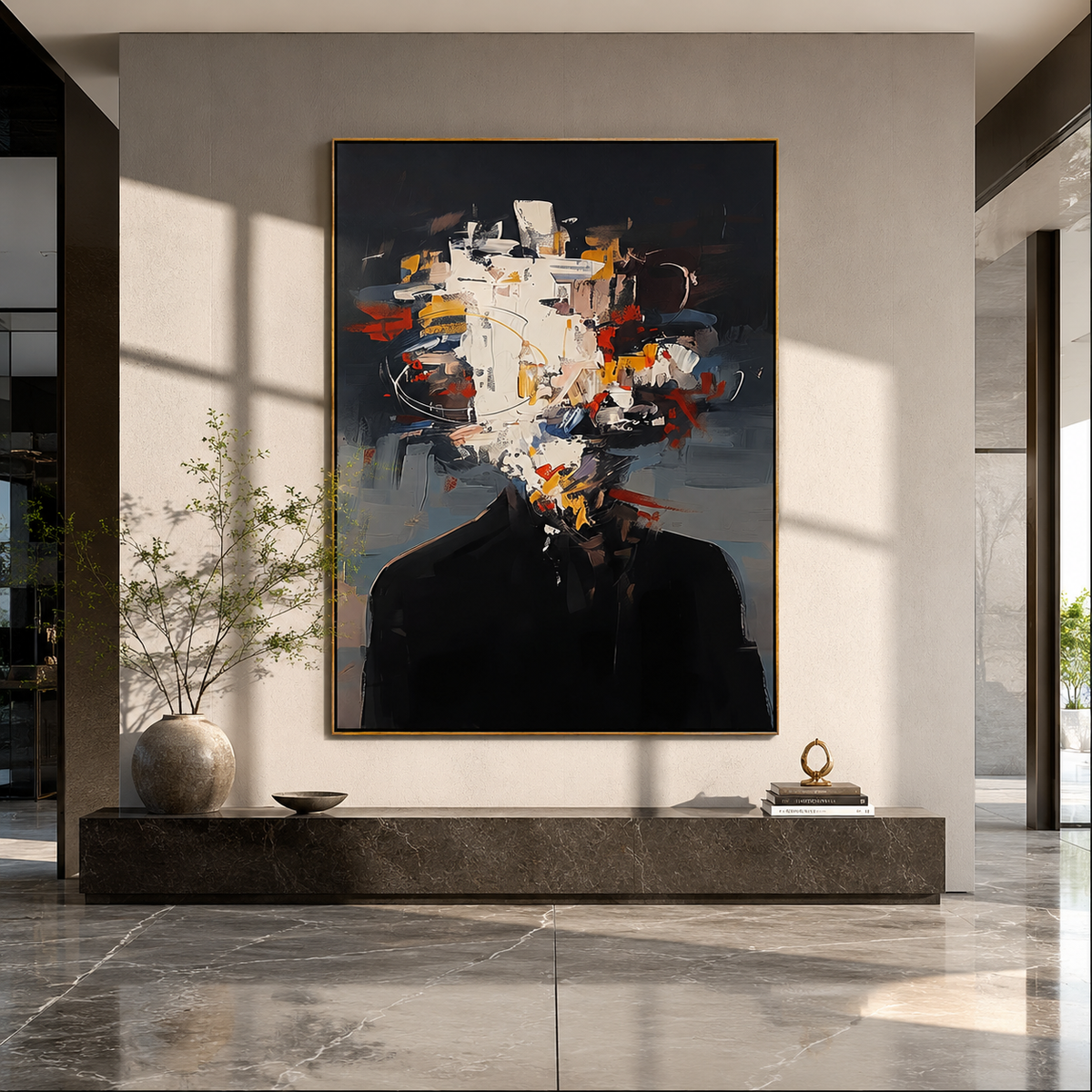 White Paint Shatters Suit styled in a layered residential interior