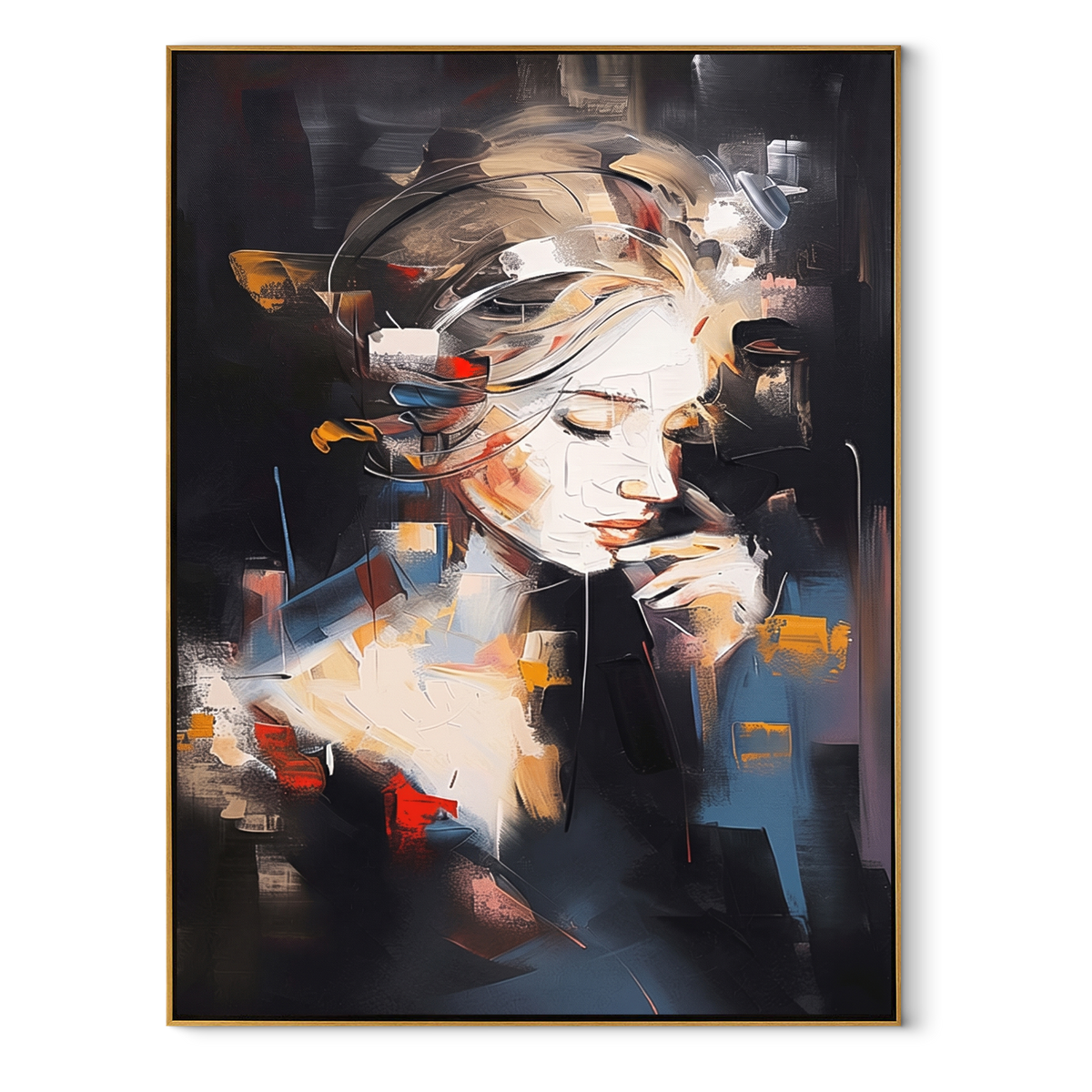 Ochre Face Emerges Slowly textured figurative painting, vertical canvas artwork