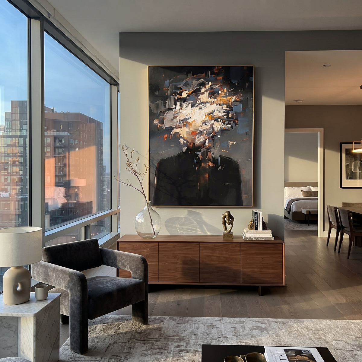 Blue Ochre Clouds Gather displayed as a Retro Modern room focal point