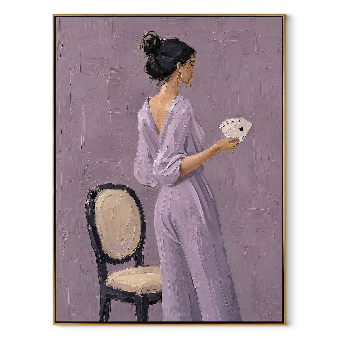 Lavender Suit Holds Cup textured figurative painting, vertical canvas artwork