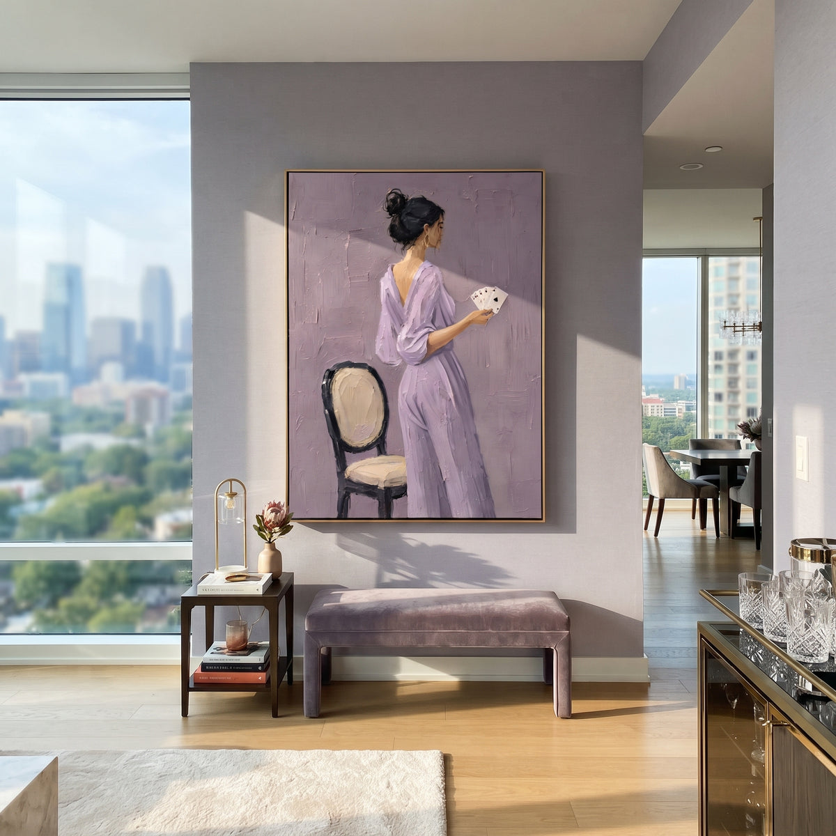 Lavender Suit Holds Cup styled with neutral modern furnishings