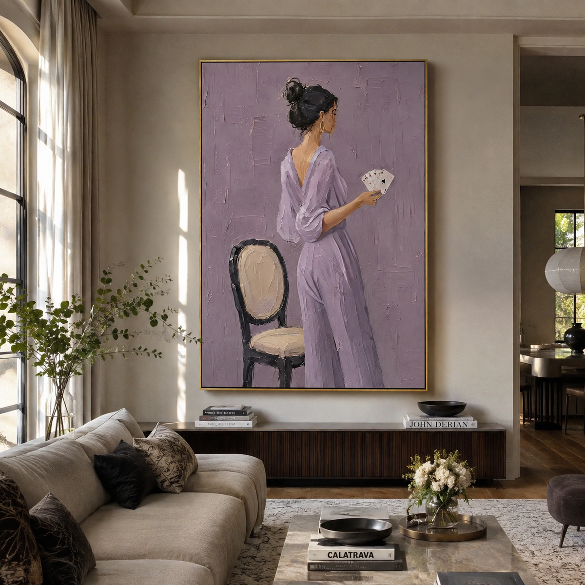 Lavender Suit Holds Cup styled in a layered residential interior