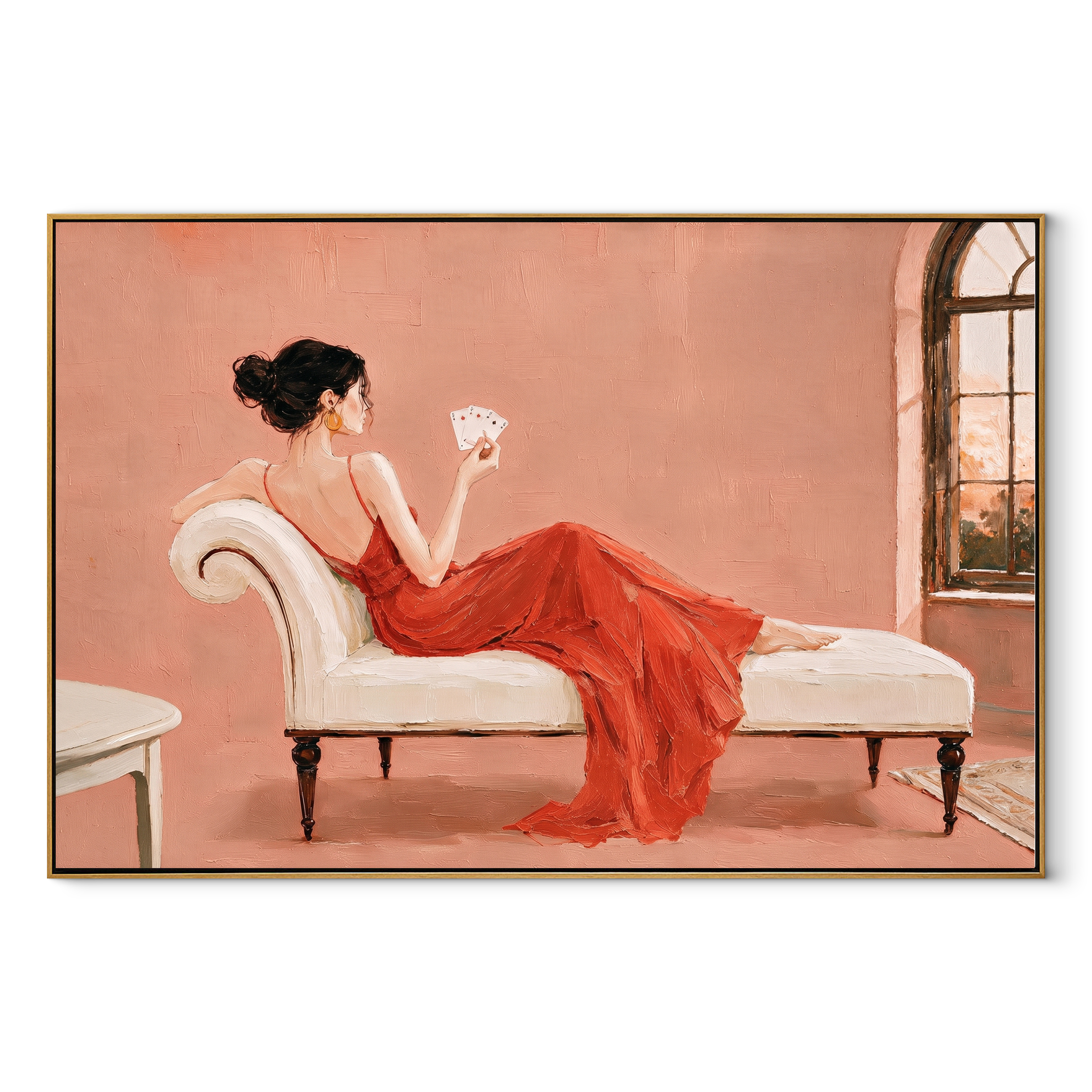 Two Women Trade Stories textured figurative painting, horizontal canvas artwork