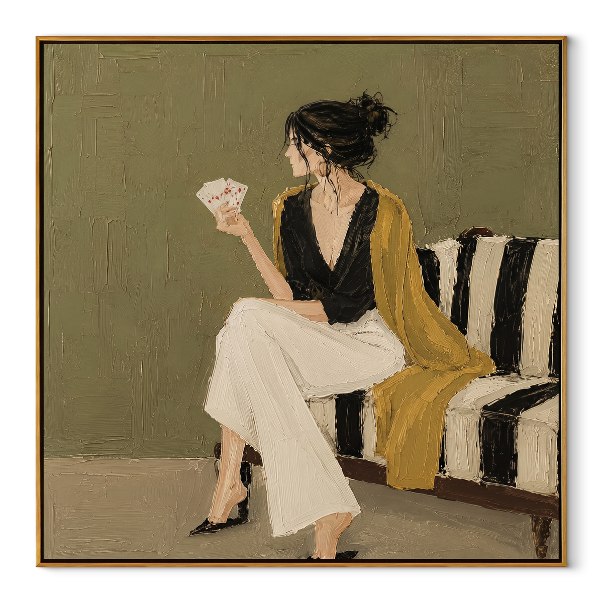 White Trousers Hold Still textured figurative painting, square canvas artwork