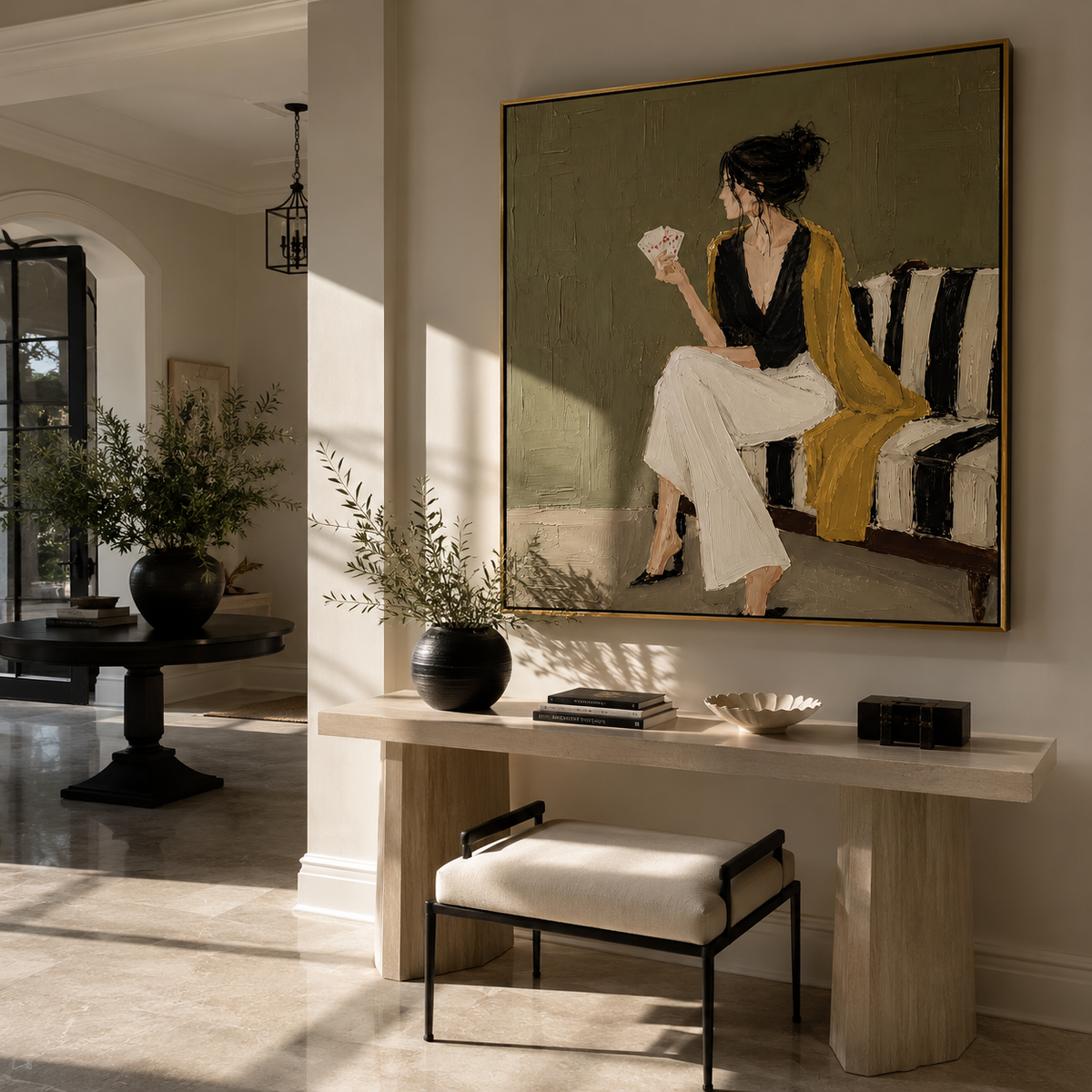 White Trousers Hold Still styled with neutral modern furnishings