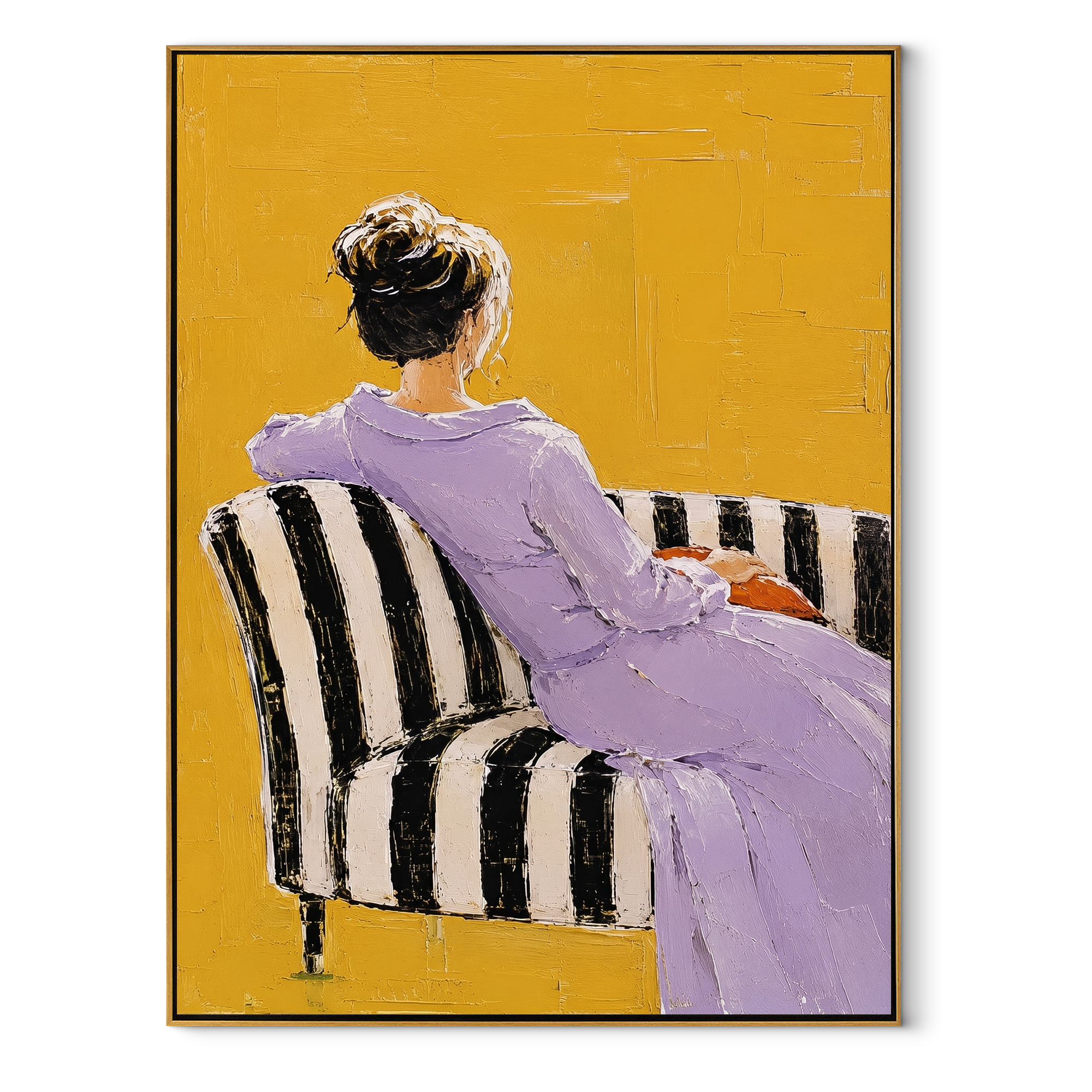 Lavender Dress Faces Away textured figurative painting, vertical canvas artwork