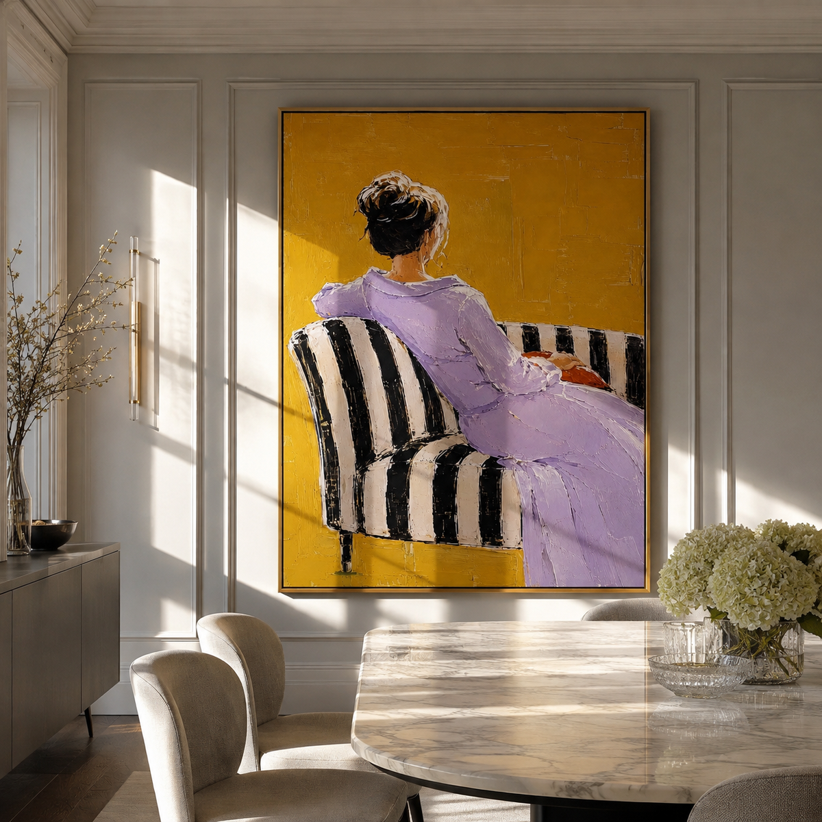 Lavender Dress Faces Away styled with neutral modern furnishings