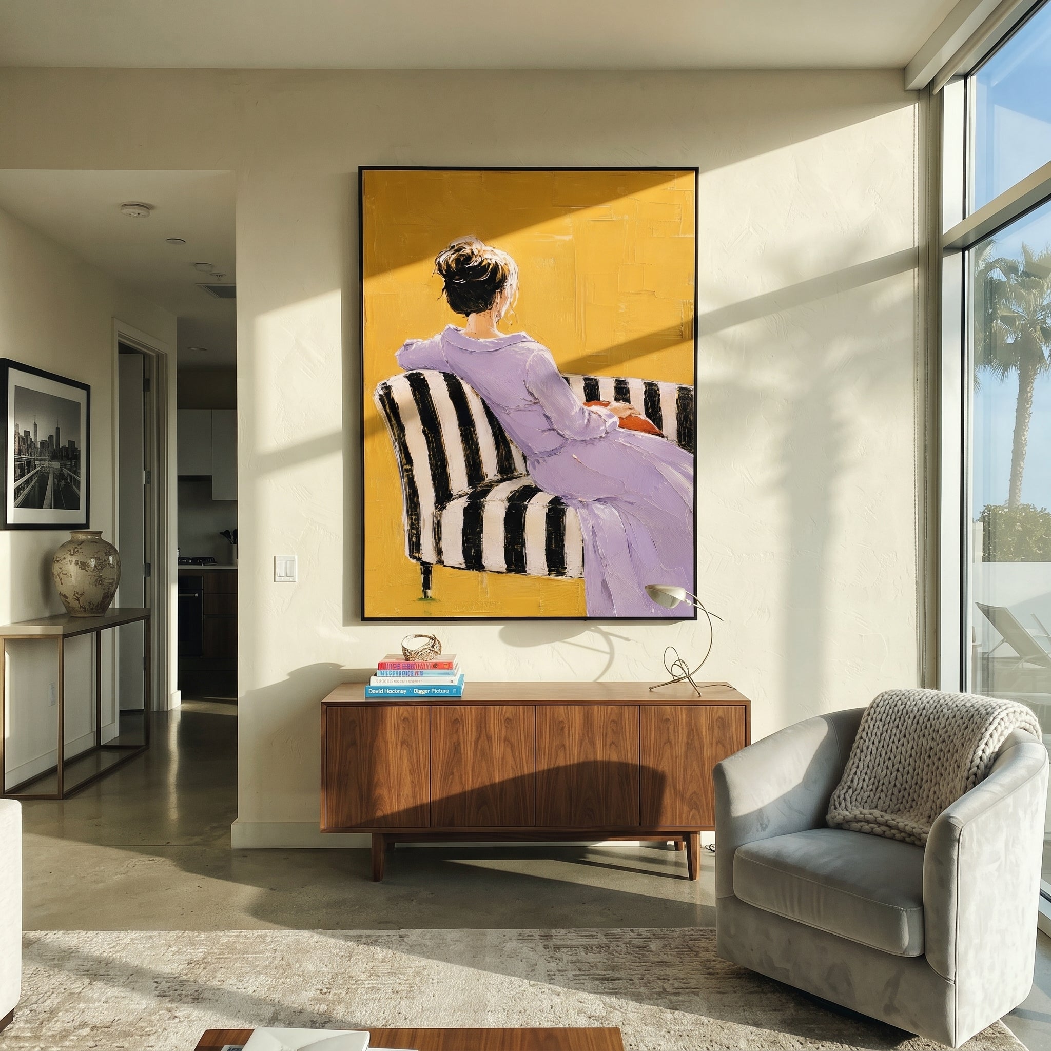 Lavender Dress Faces Away presented above a contemporary console