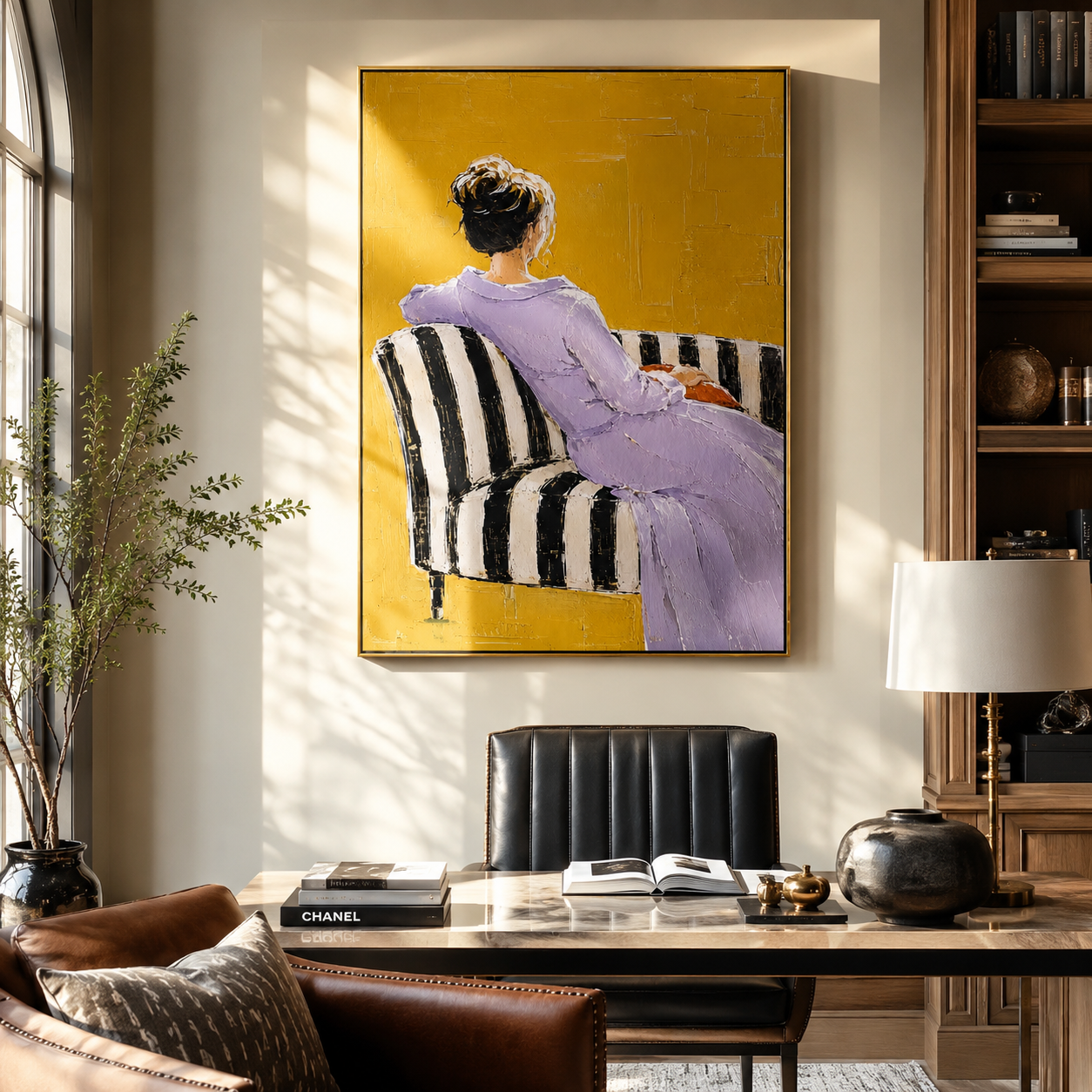 Lavender Dress Faces Away styled in a layered residential interior