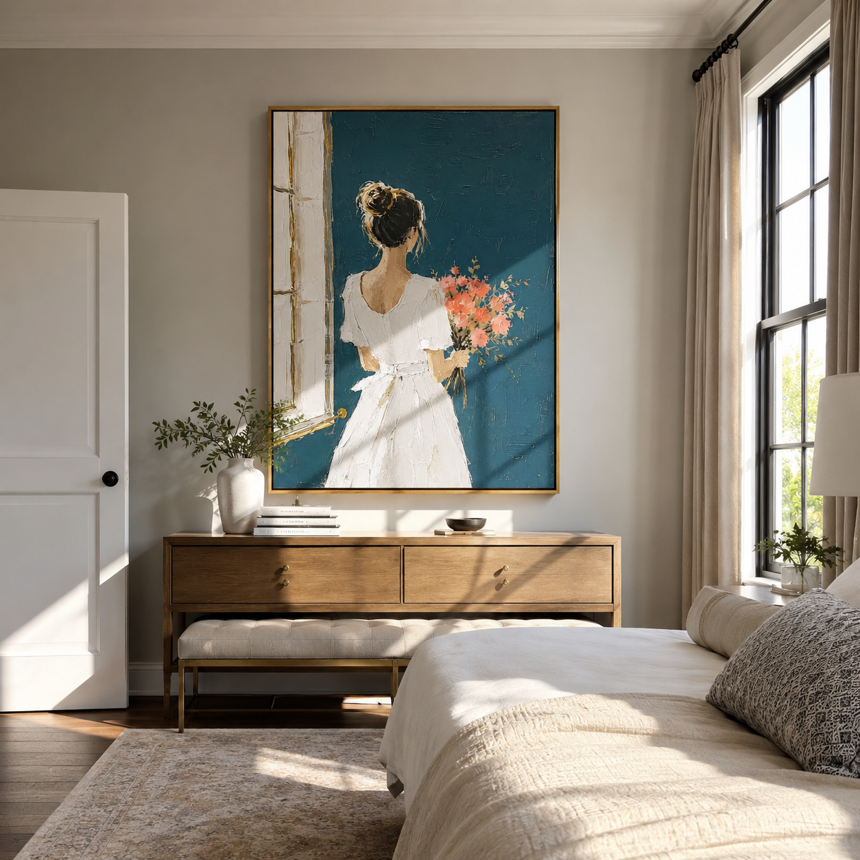 Bouquet Follows White Gown displayed in a warm contemporary interior