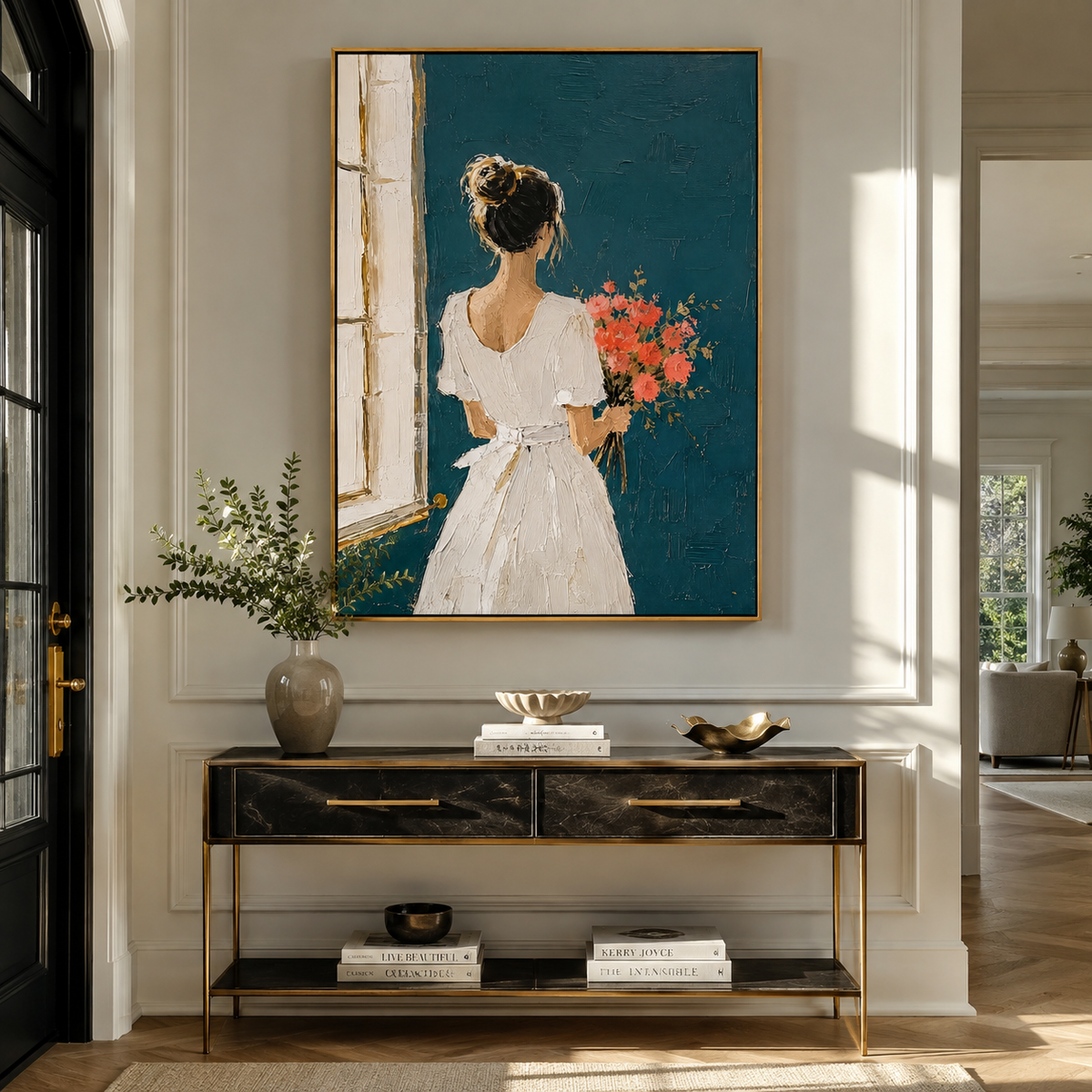 Bouquet Follows White Gown styled with neutral modern furnishings