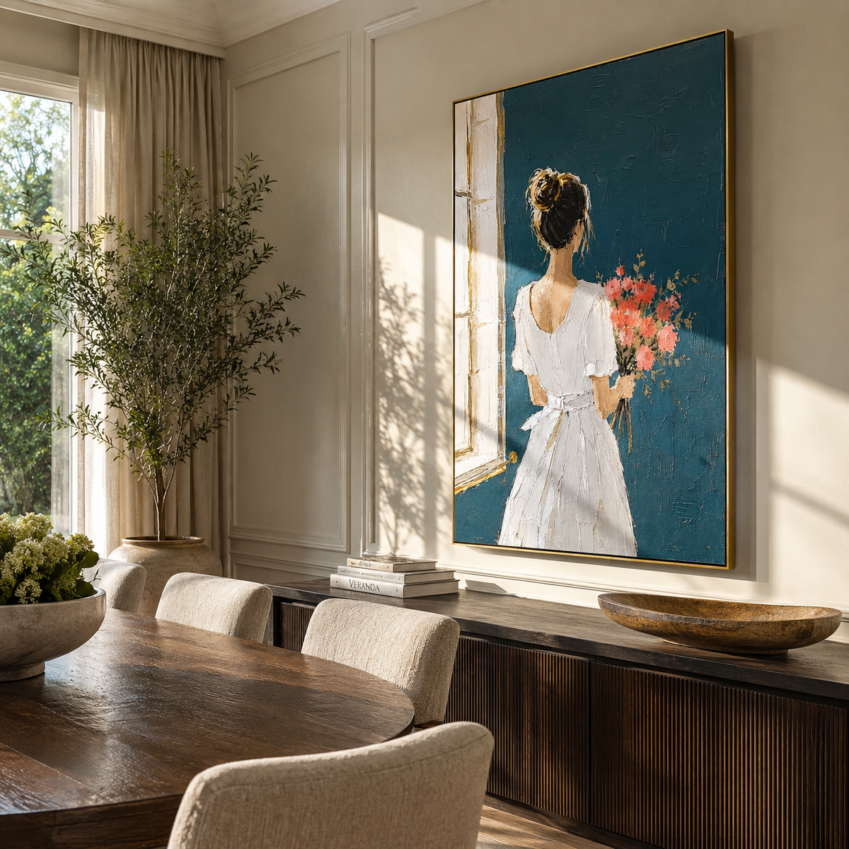 Bouquet Follows White Gown presented above a contemporary console