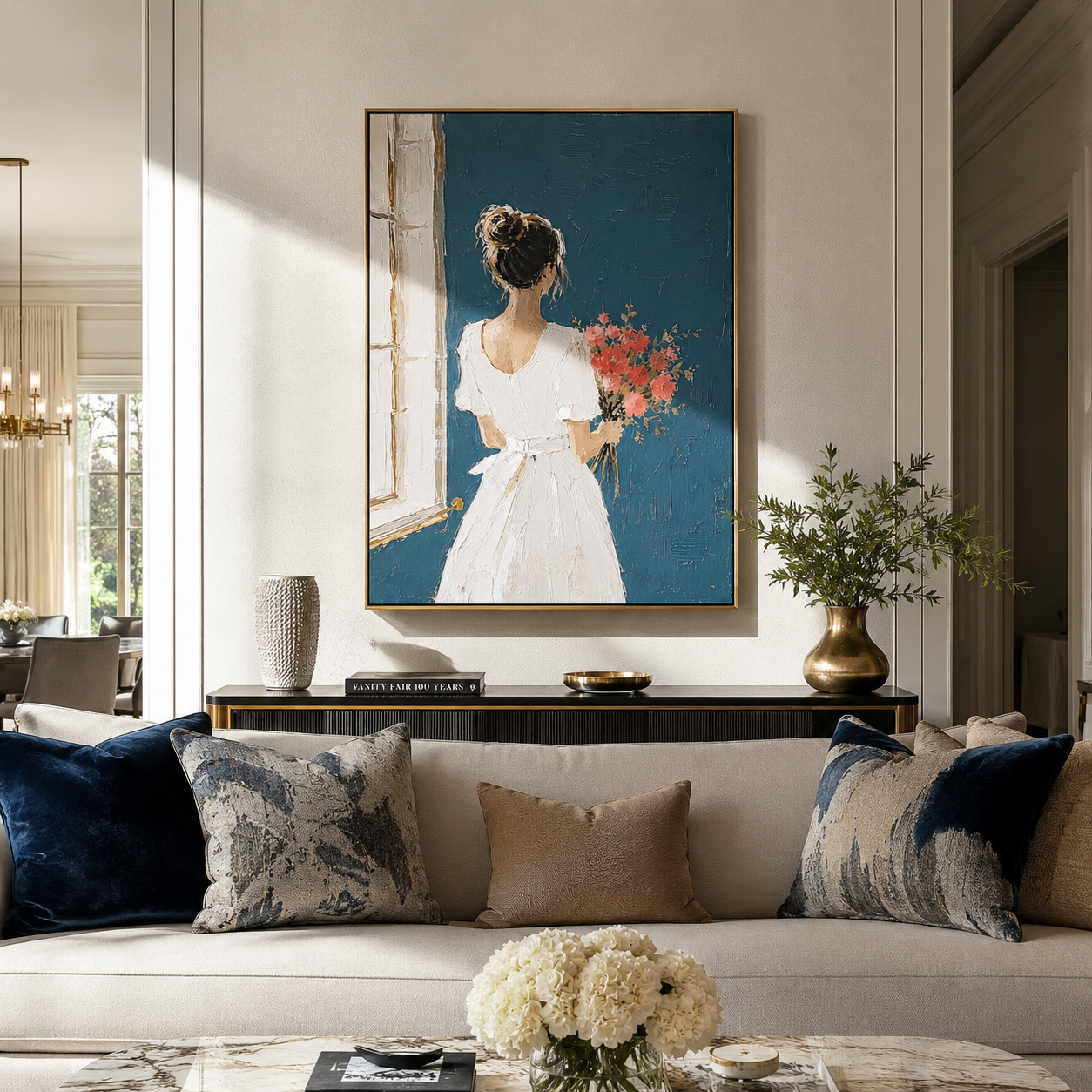 Bouquet Follows White Gown displayed as a Retro Modern room focal point
