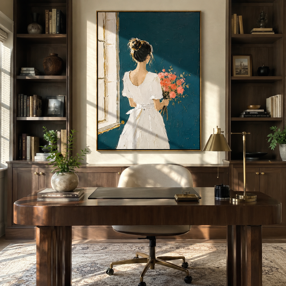Bouquet Follows White Gown styled in a layered residential interior