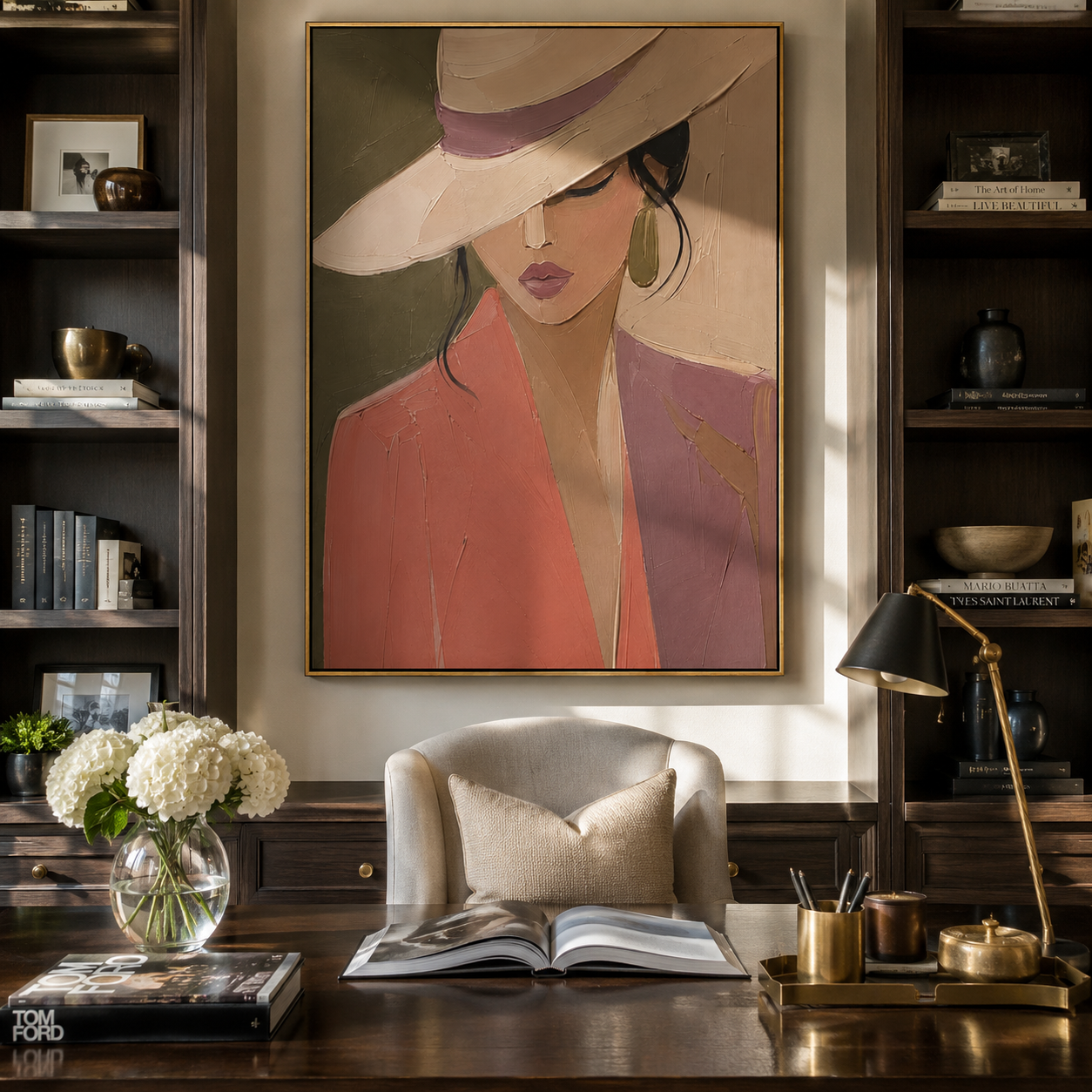 Wide Hat Meets Coral styled with neutral modern furnishings