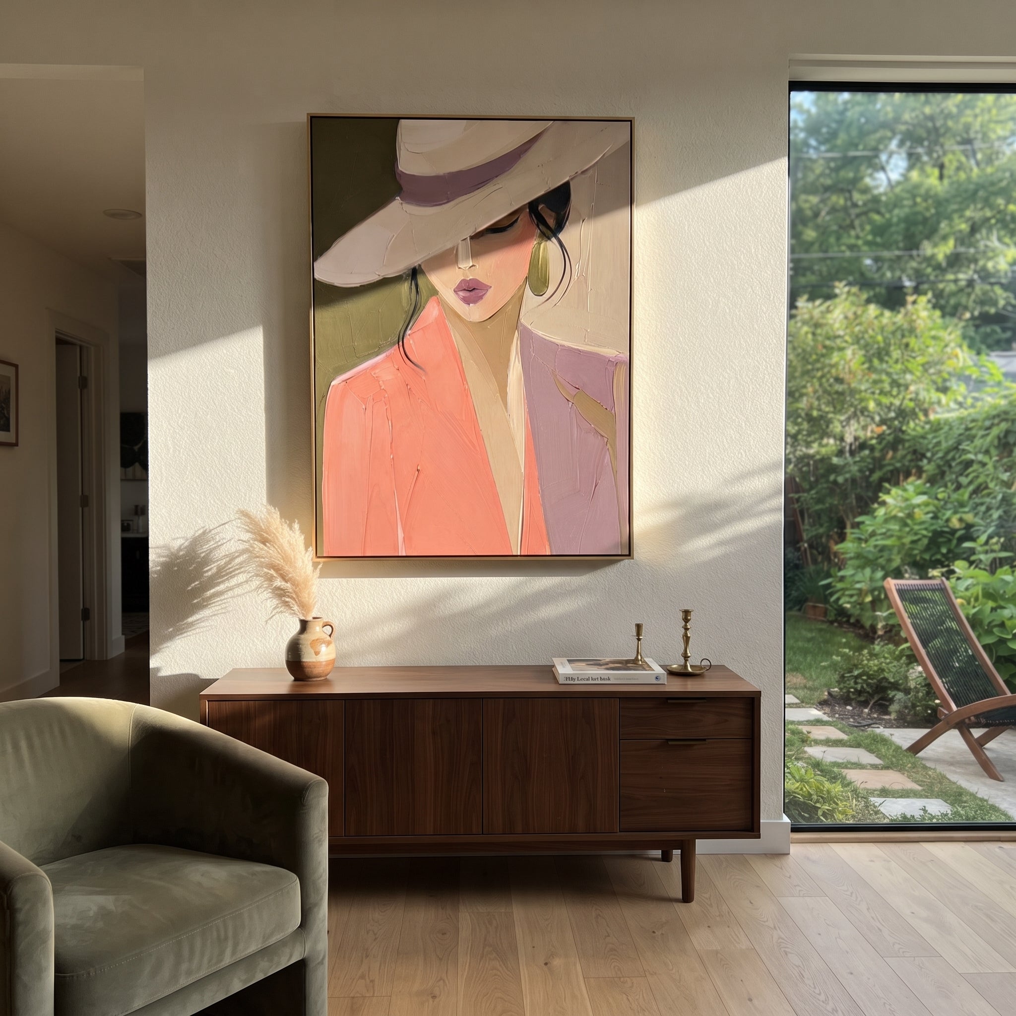 Wide Hat Meets Coral presented above a contemporary console