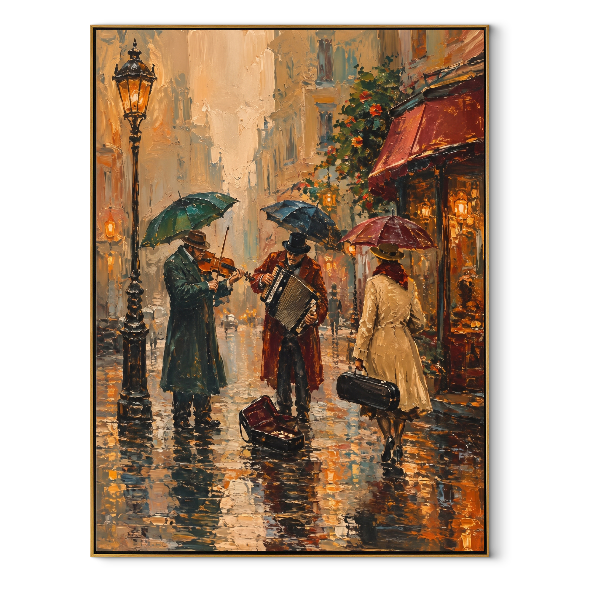 Umbrellas Cross Burnt Rain textured figurative painting, vertical canvas artwork
