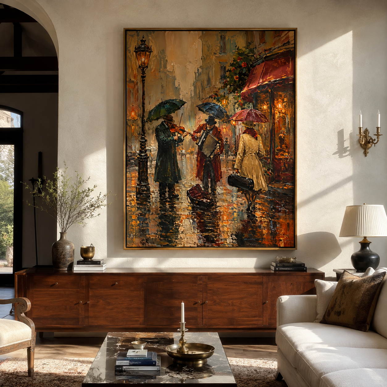 Umbrellas Cross Burnt Rain presented above a contemporary console