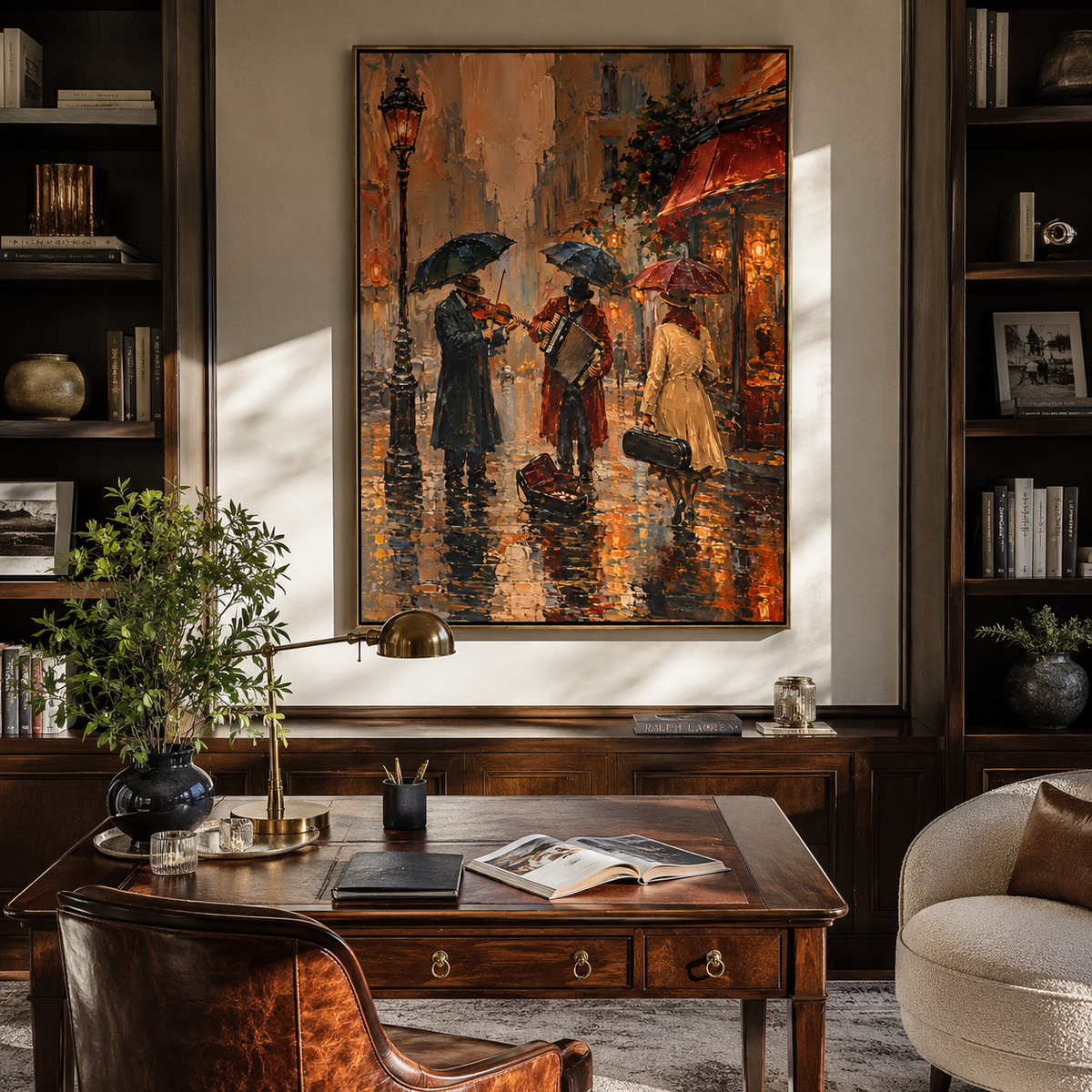 Umbrellas Cross Burnt Rain displayed as a Retro Modern room focal point