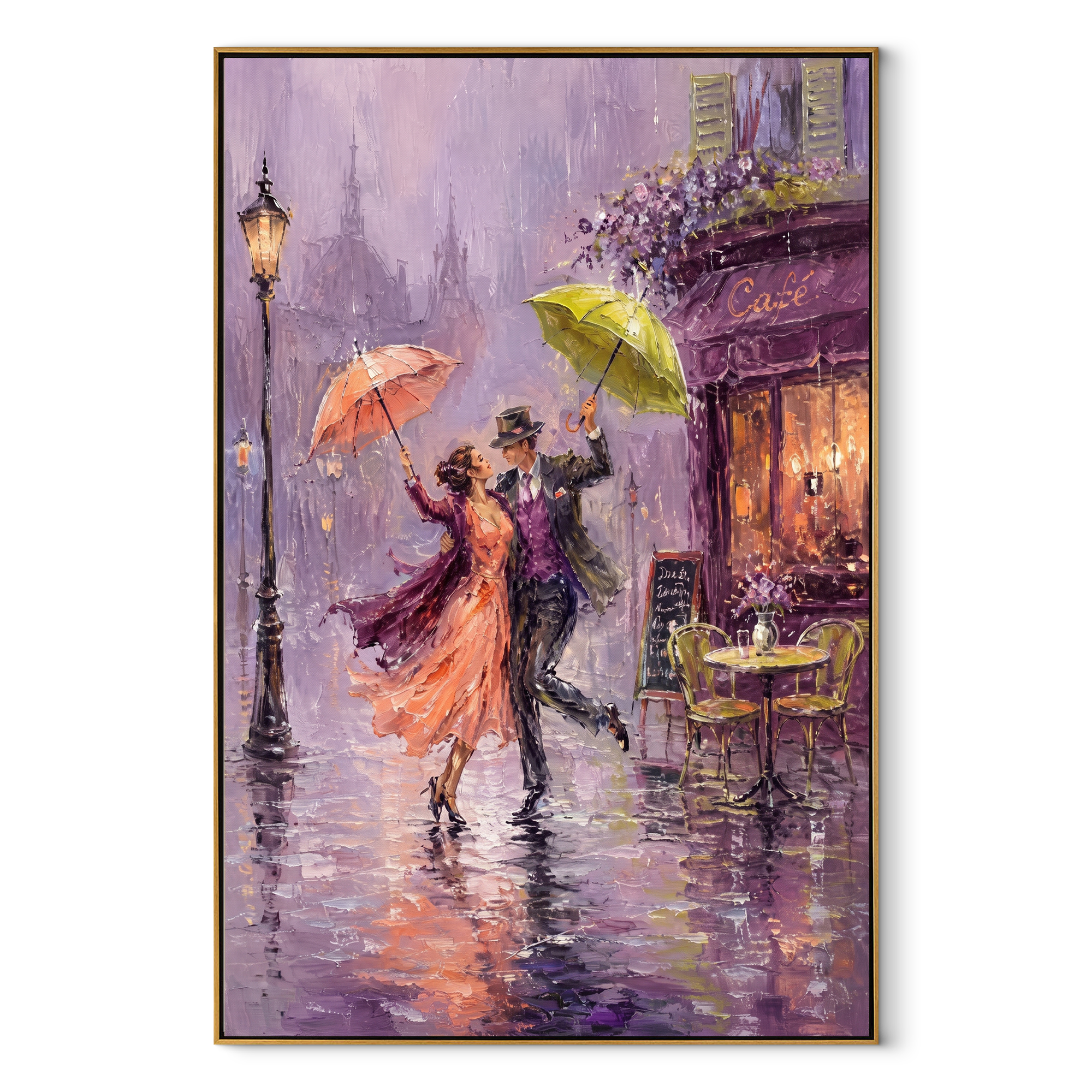 Two Umbrellas Share Violet textured figurative painting, vertical canvas artwork