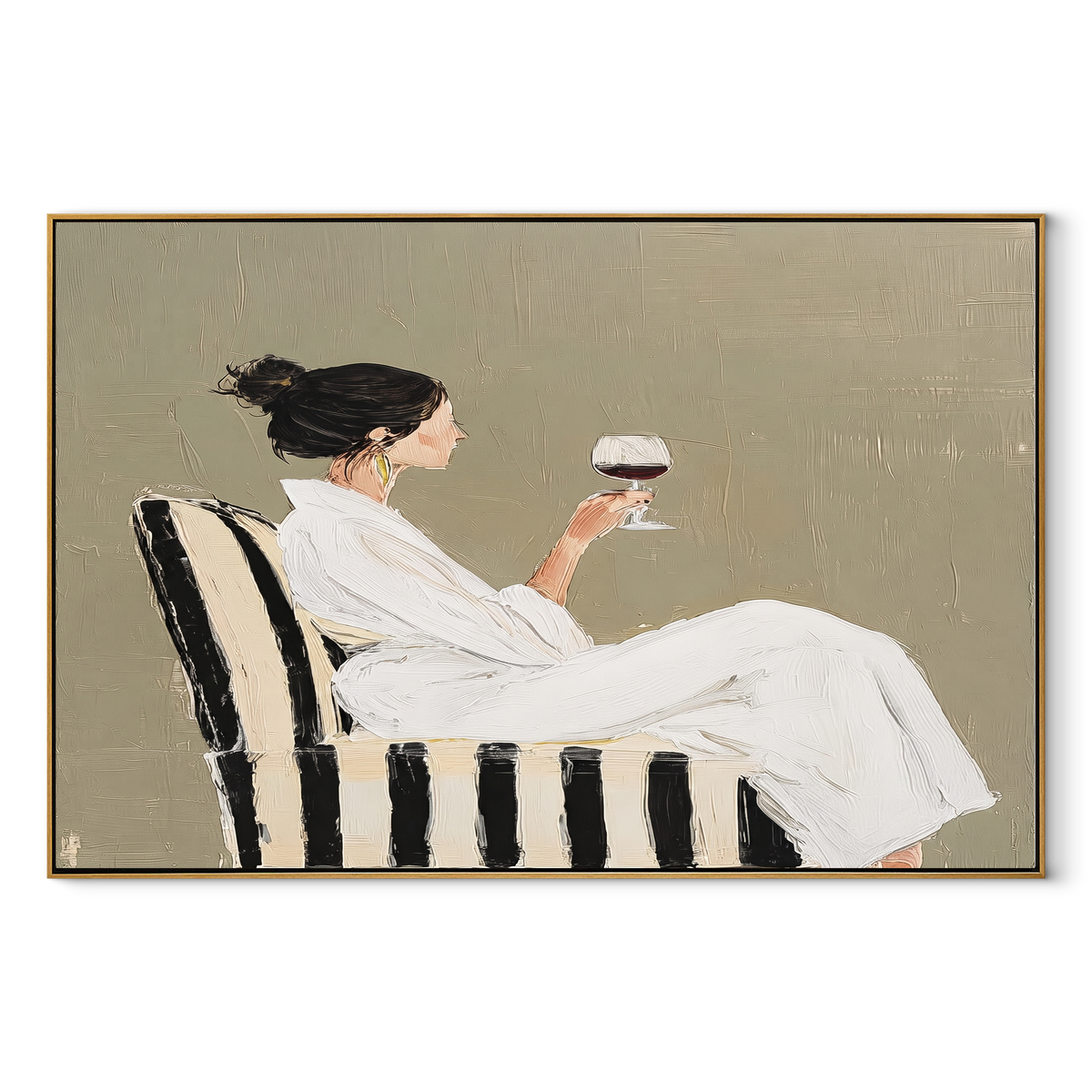Wine Waits In White textured figurative painting, horizontal canvas artwork