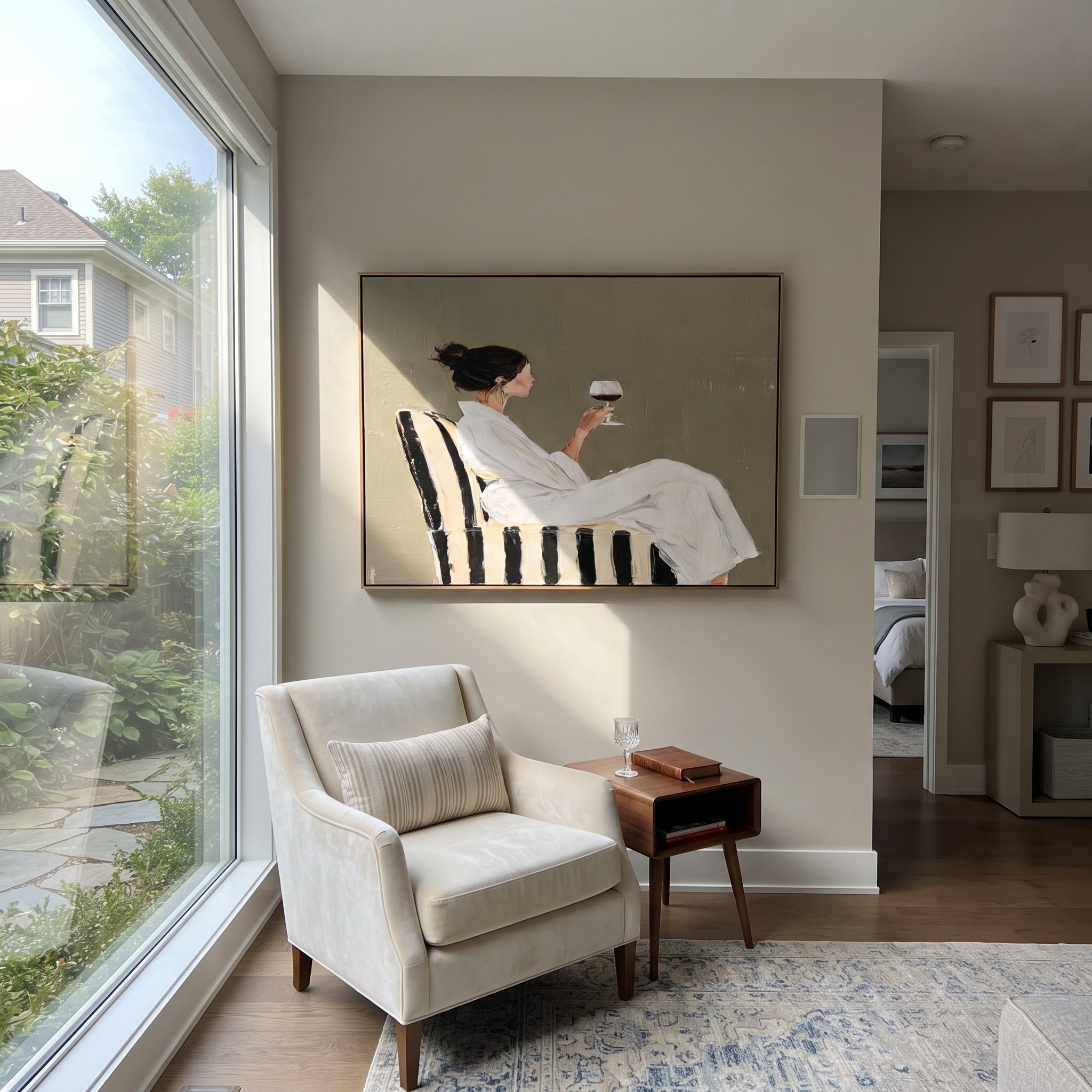 Wine Waits In White presented above a contemporary console
