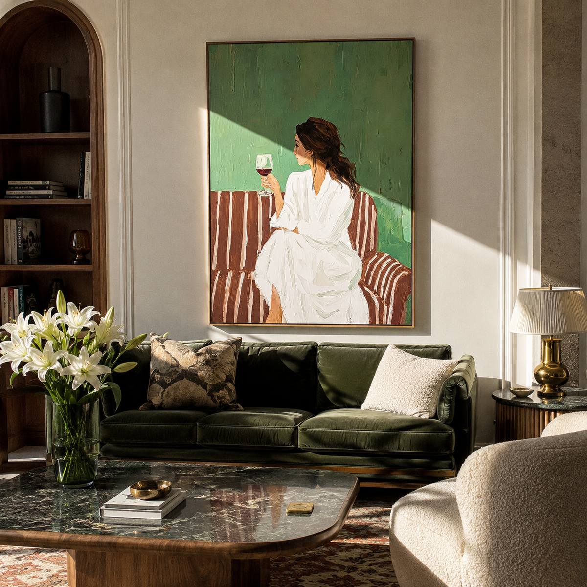 White Cup Faces Green styled with neutral modern furnishings