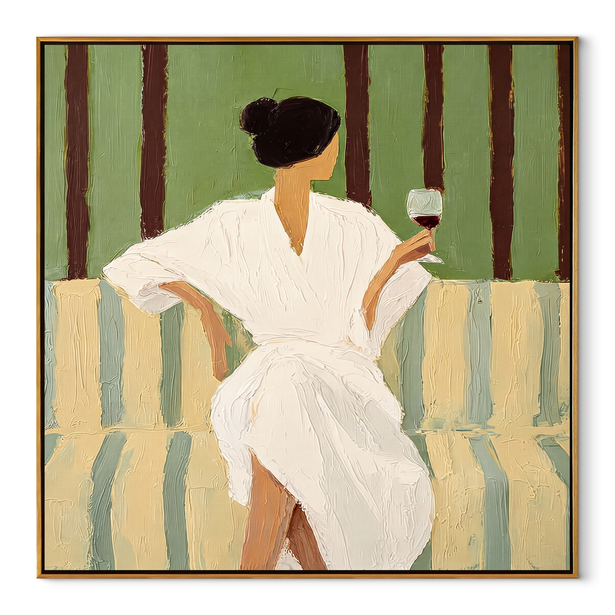 Striped Chair Guards Quiet textured figurative painting, square canvas artwork