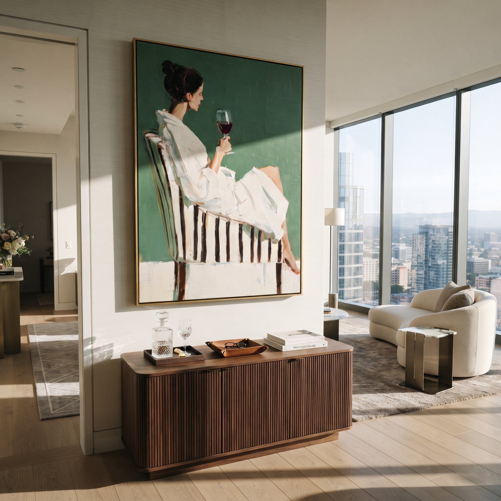Red Wine Holds Evening styled with neutral modern furnishings