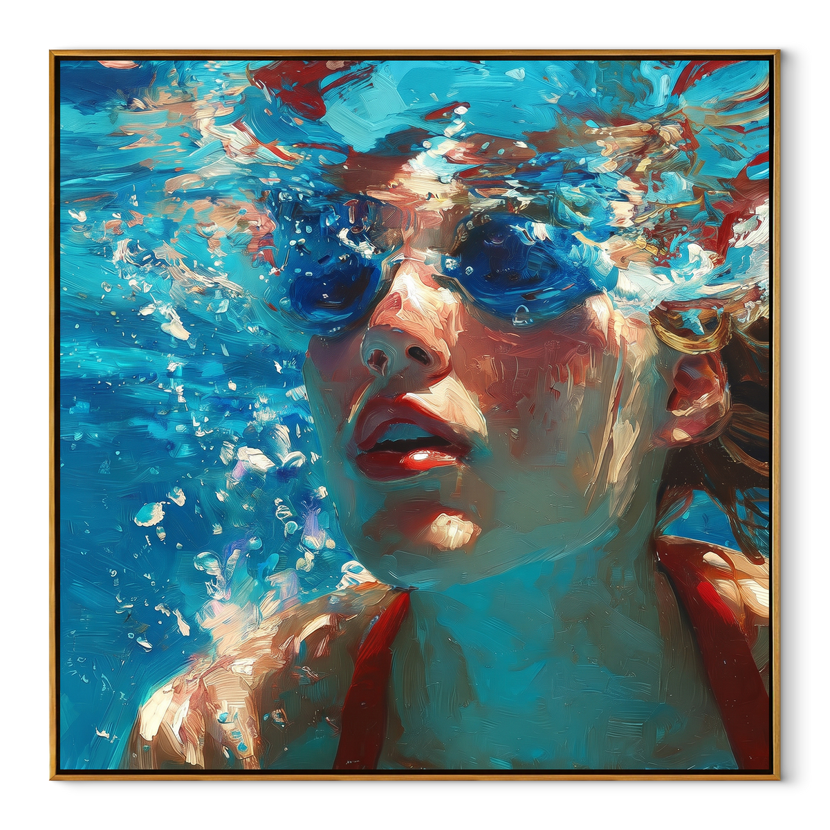 Coral Drifts Around Her textured figurative painting, square canvas artwork