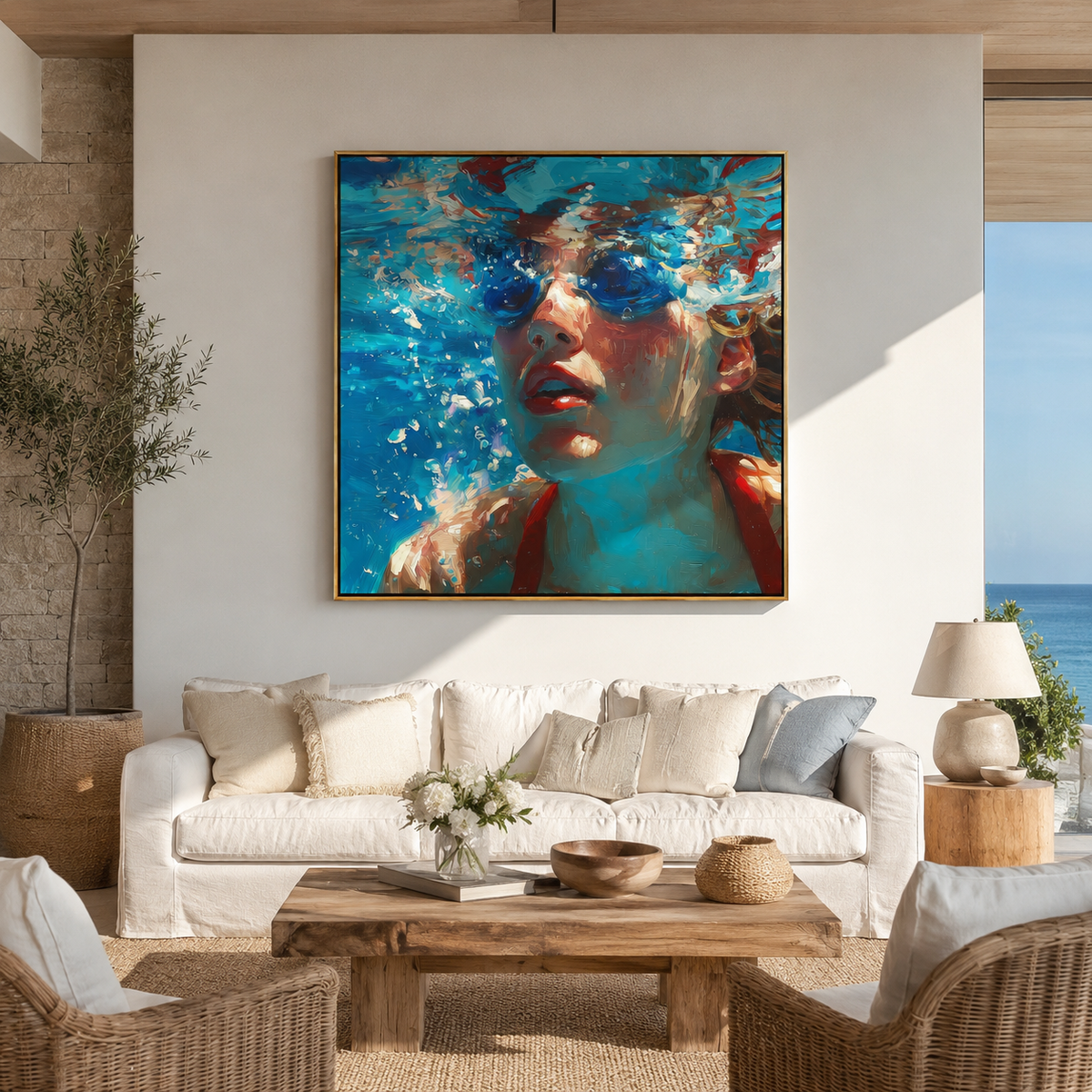 Coral Drifts Around Her styled with neutral modern furnishings