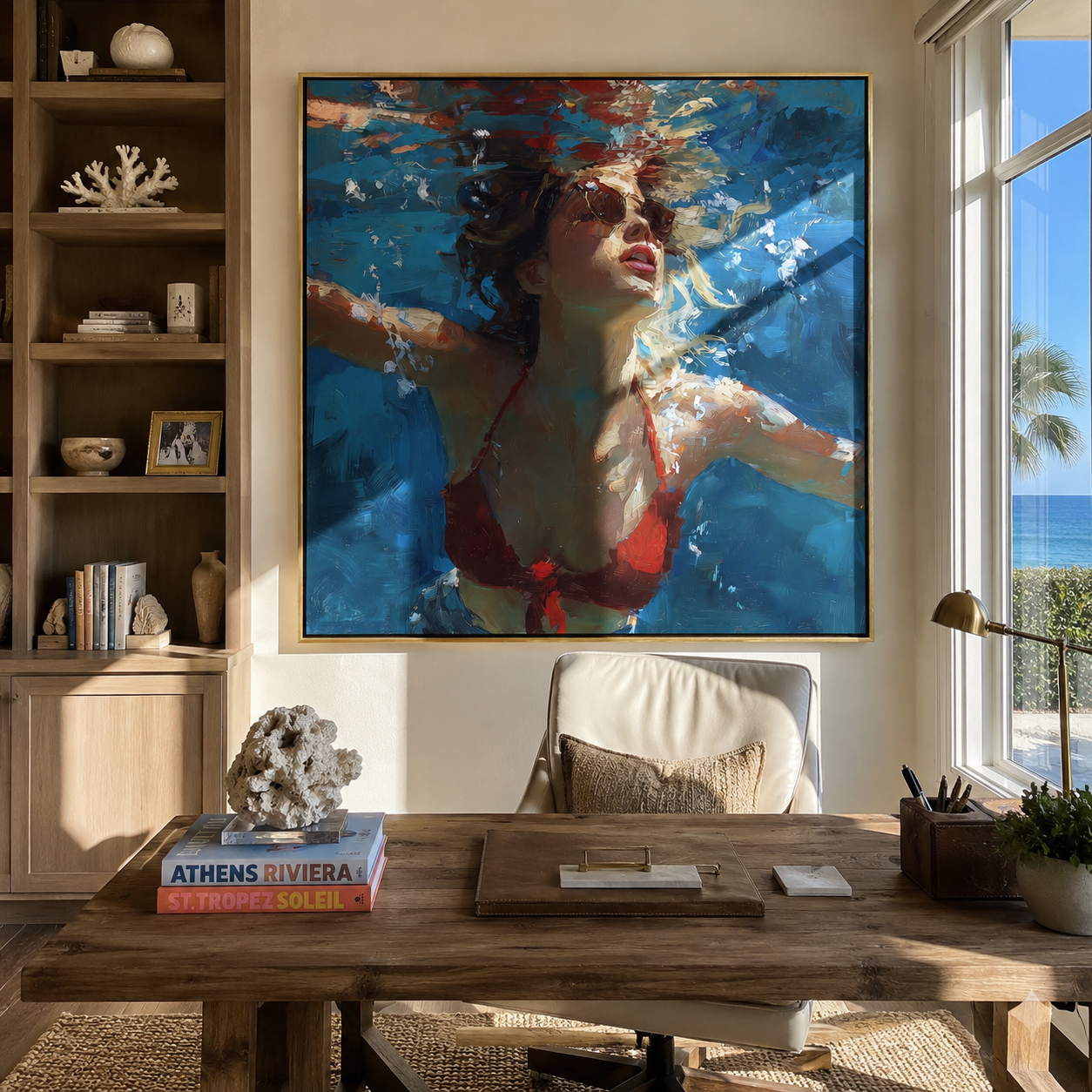 Red Lips Enter Water displayed in a warm contemporary interior