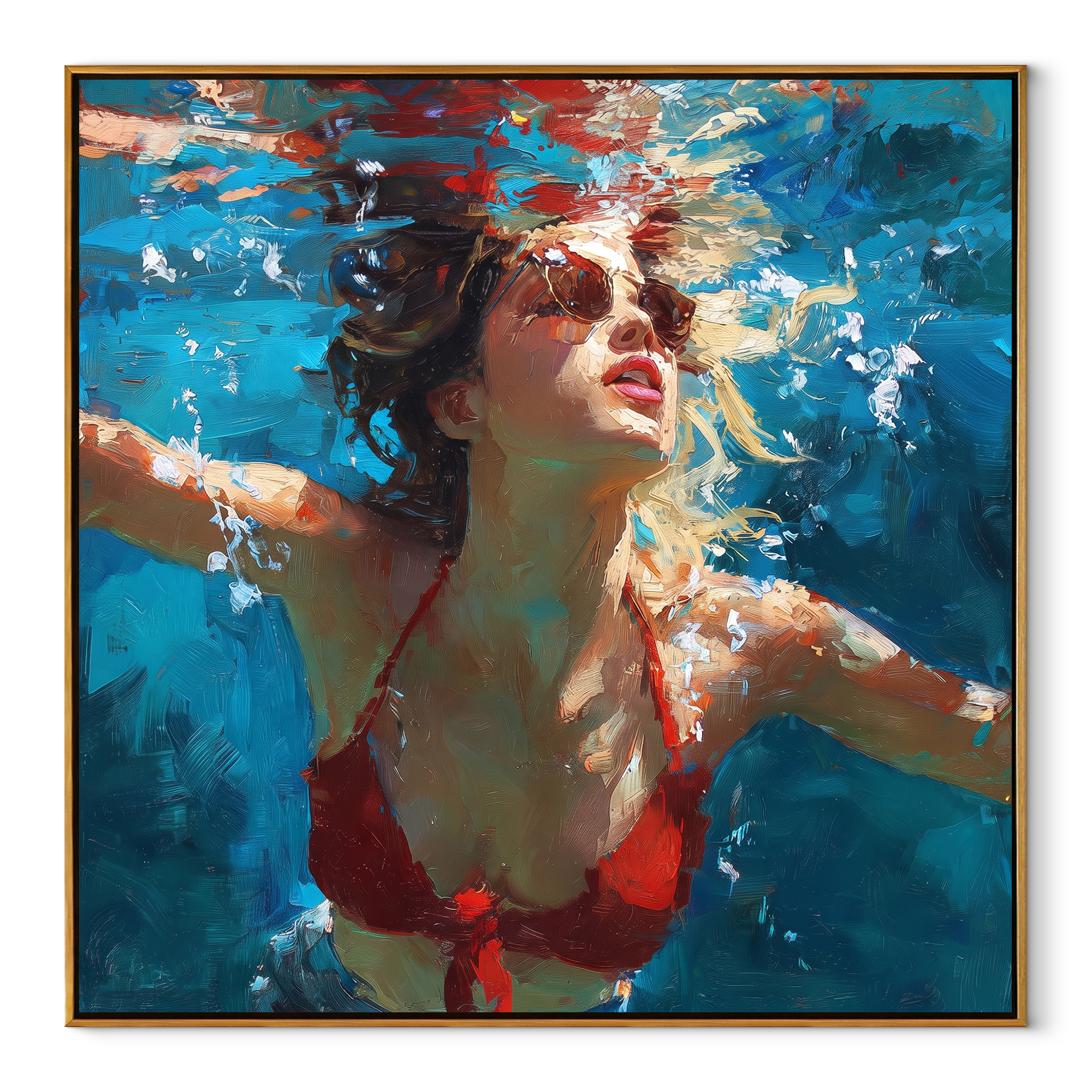 Red Lips Enter Water textured figurative painting, square canvas artwork