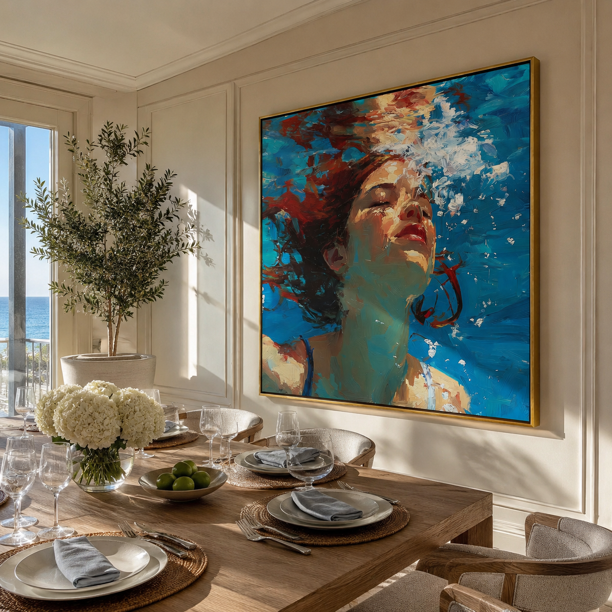 Closed Eyes Hold Tide displayed in a warm contemporary interior