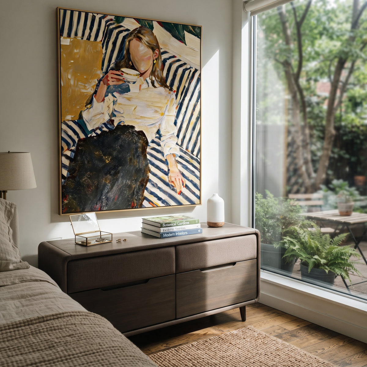 Blue Stripes Fold Inward styled in a layered residential interior
