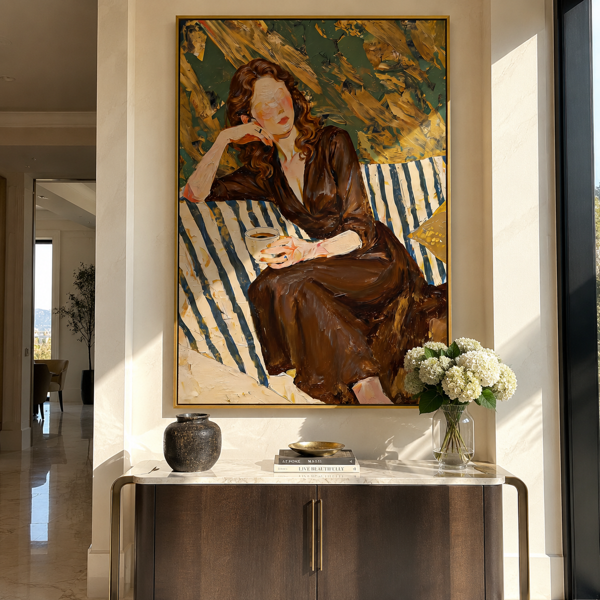 Red Hair Meets Ochre displayed as a Retro Modern room focal point