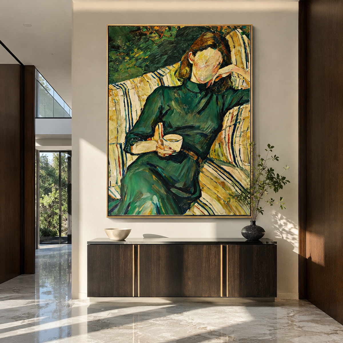 Green Robe Reads Slowly displayed in a warm contemporary interior