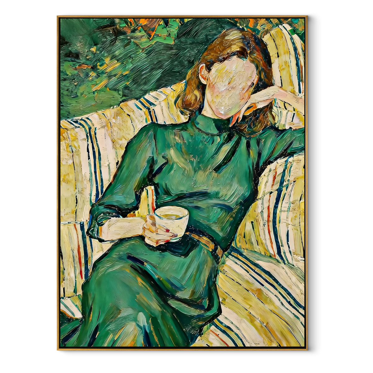 Green Robe Reads Slowly textured figurative painting, vertical canvas artwork