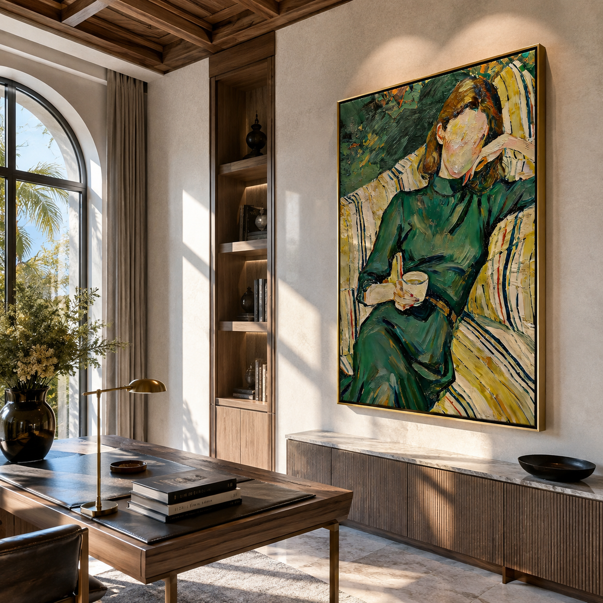 Green Robe Reads Slowly styled with neutral modern furnishings