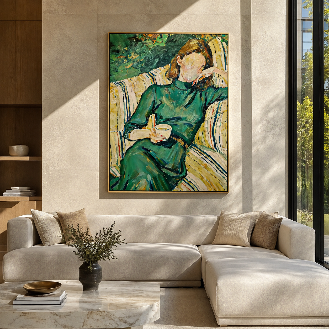 Green Robe Reads Slowly presented above a contemporary console