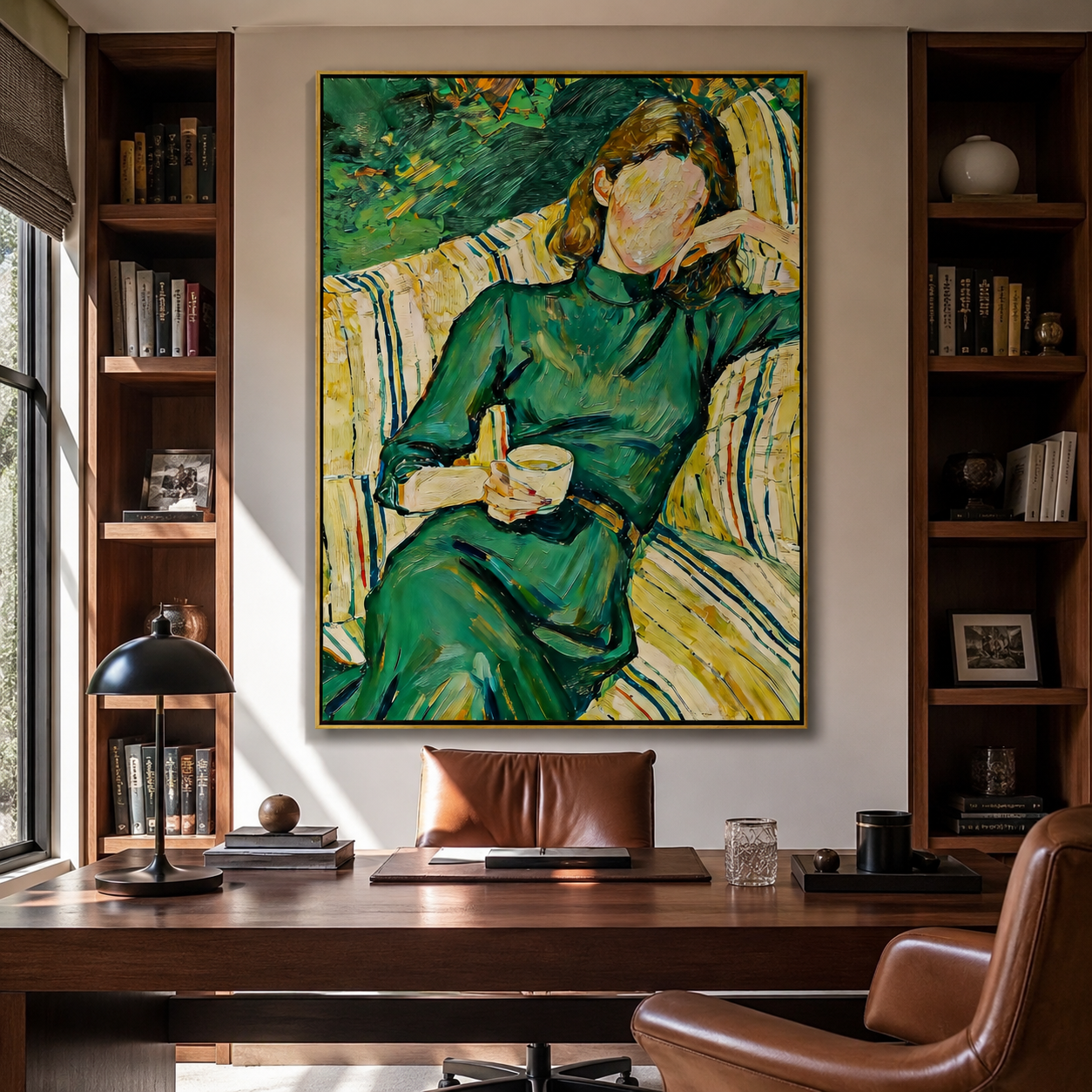 Green Robe Reads Slowly displayed as a Retro Modern room focal point