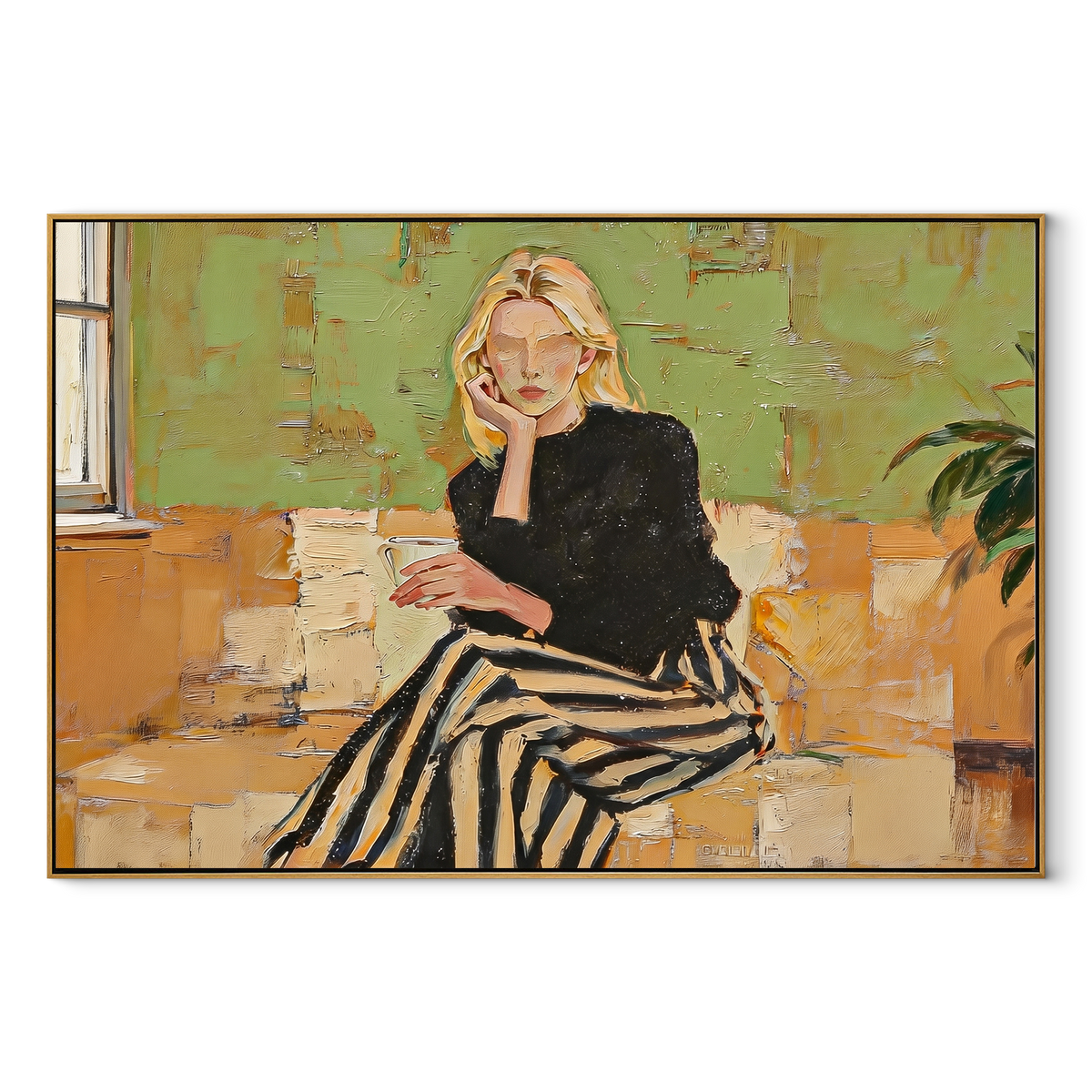 Black Skirt Crosses Green textured figurative painting, horizontal canvas artwork
