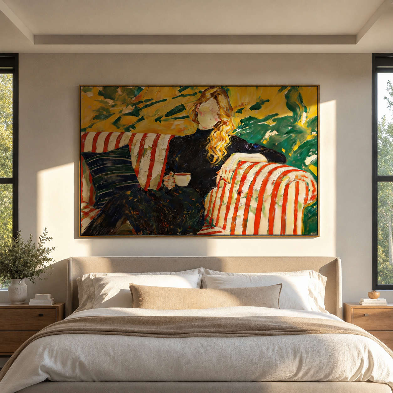 Striped Rest Meets Garden displayed in a warm contemporary interior