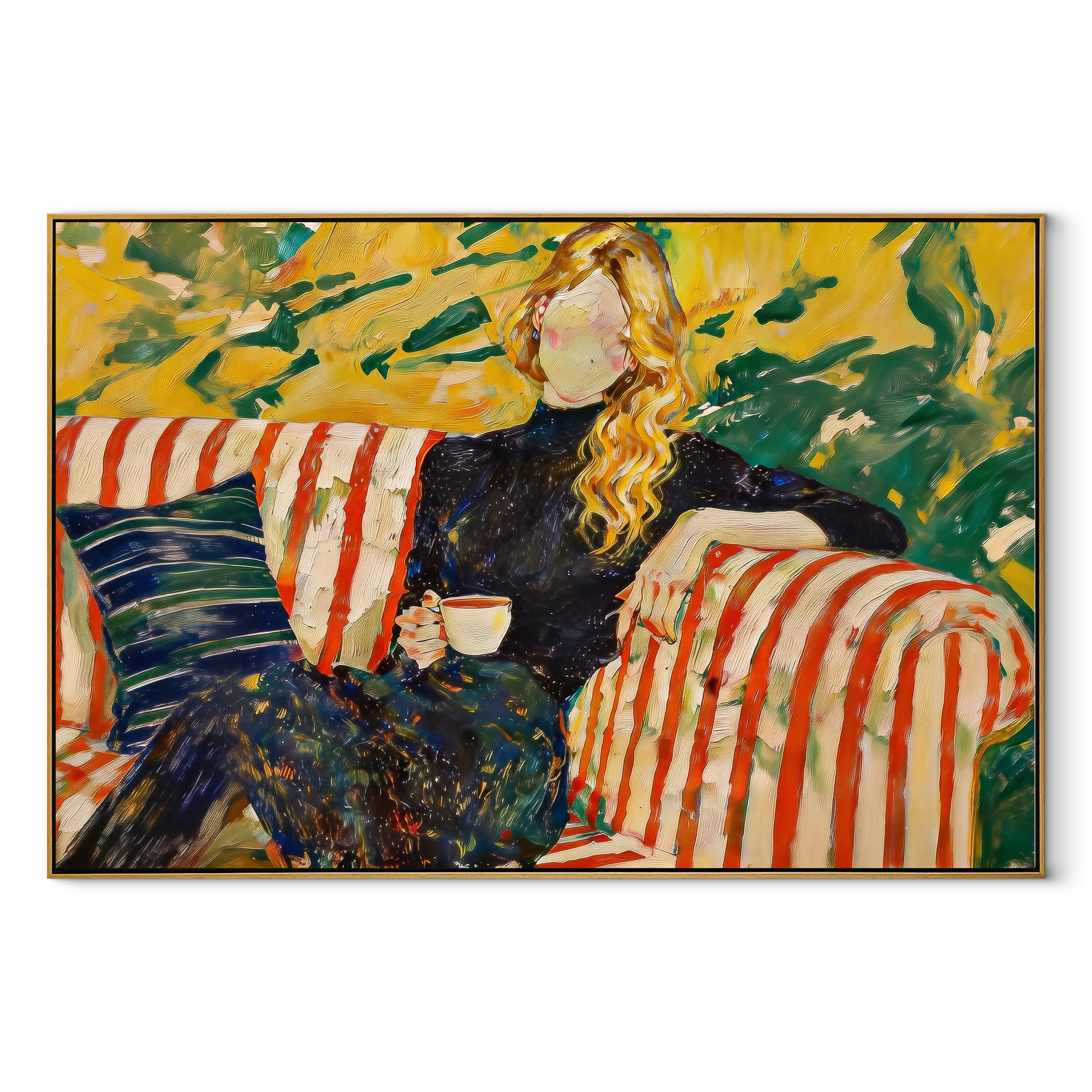 Striped Rest Meets Garden textured figurative painting, horizontal canvas artwork