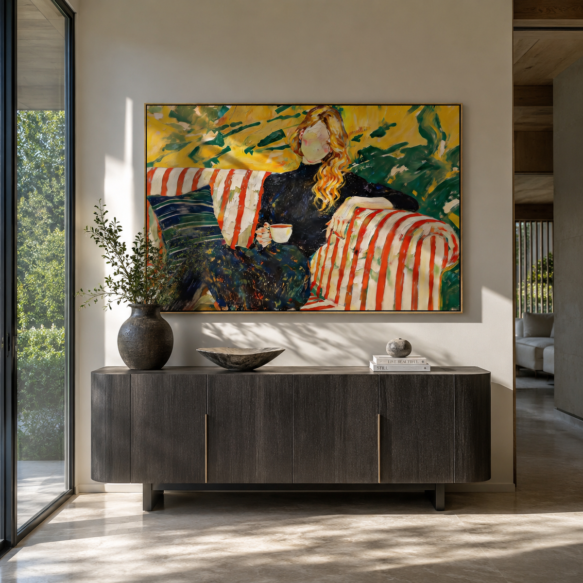 Striped Rest Meets Garden styled with neutral modern furnishings