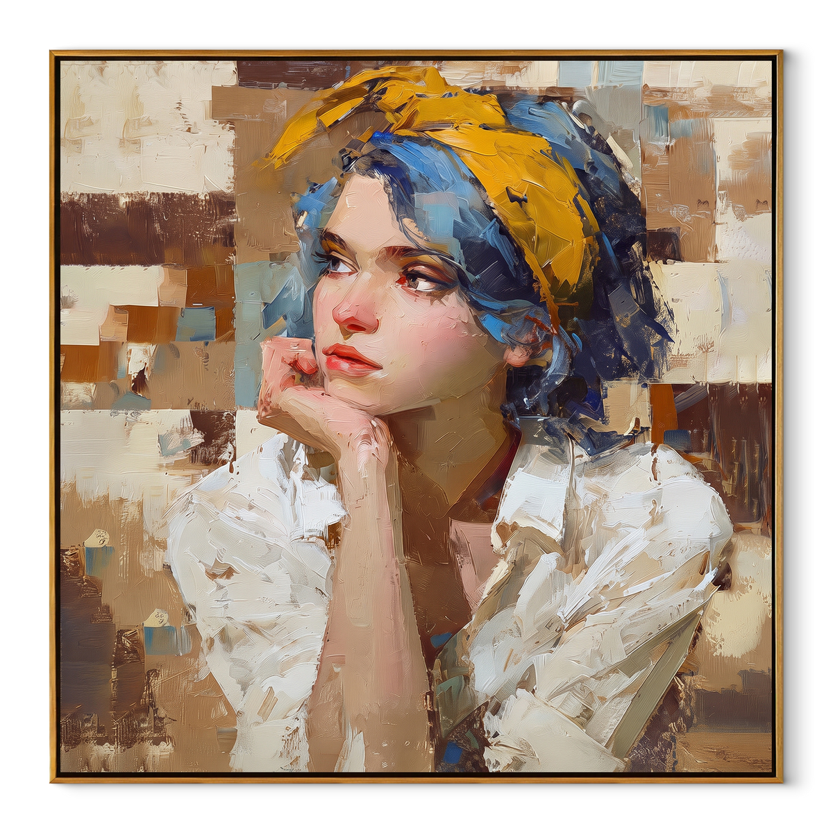 Blue Headwrap Holds Thought textured figurative painting, square canvas artwork
